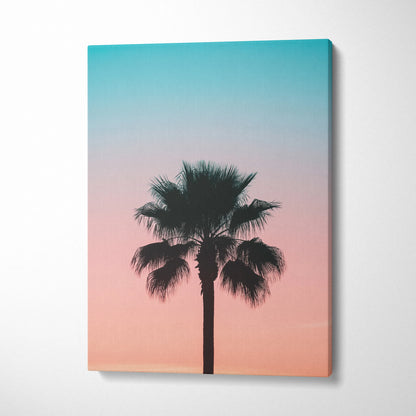 Palm tree silhouette against pink and blue sunset sky canvas wall art decor.