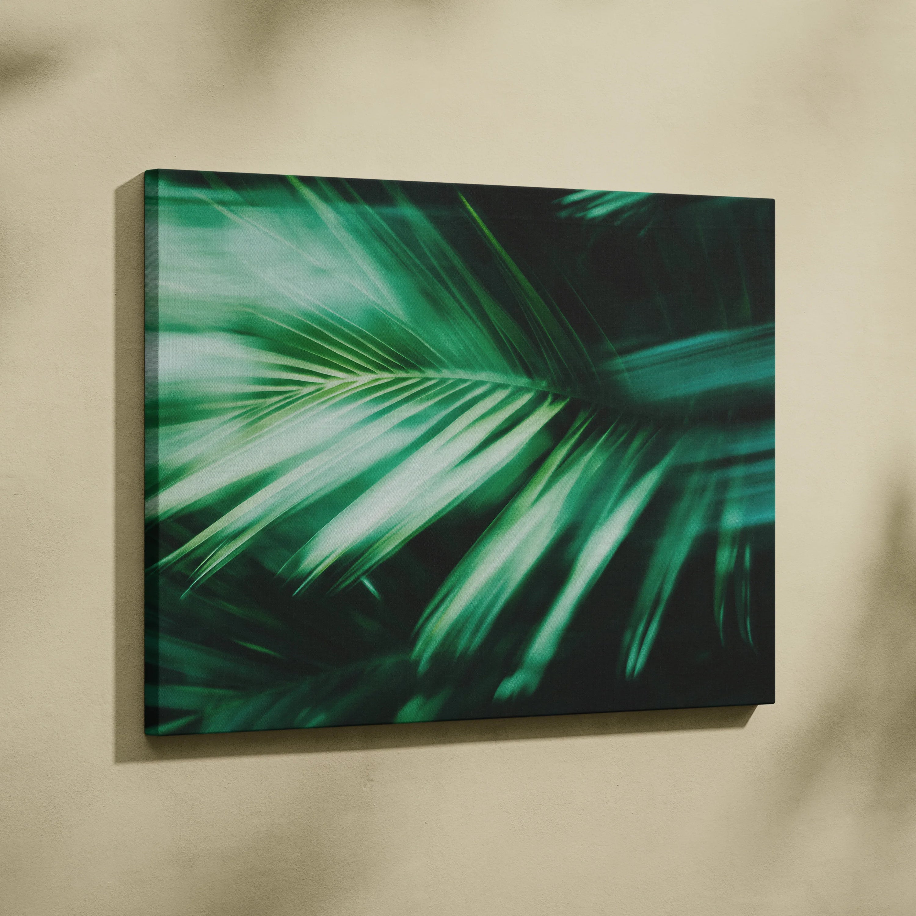 Tropical green leaves close-up canvas wall art with motion blur effect decor.