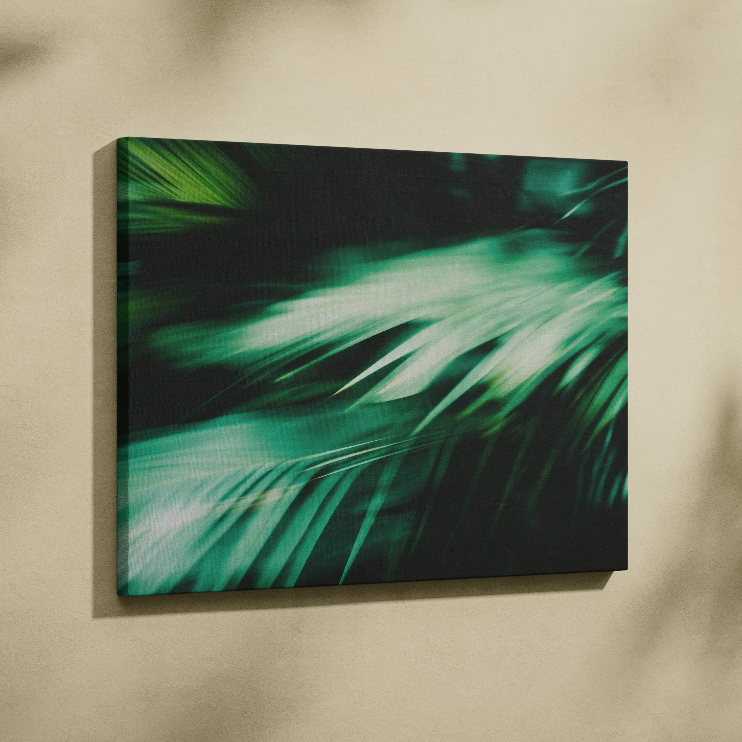 Abstract tropical leaves digital art on green and black canvas wall decor.