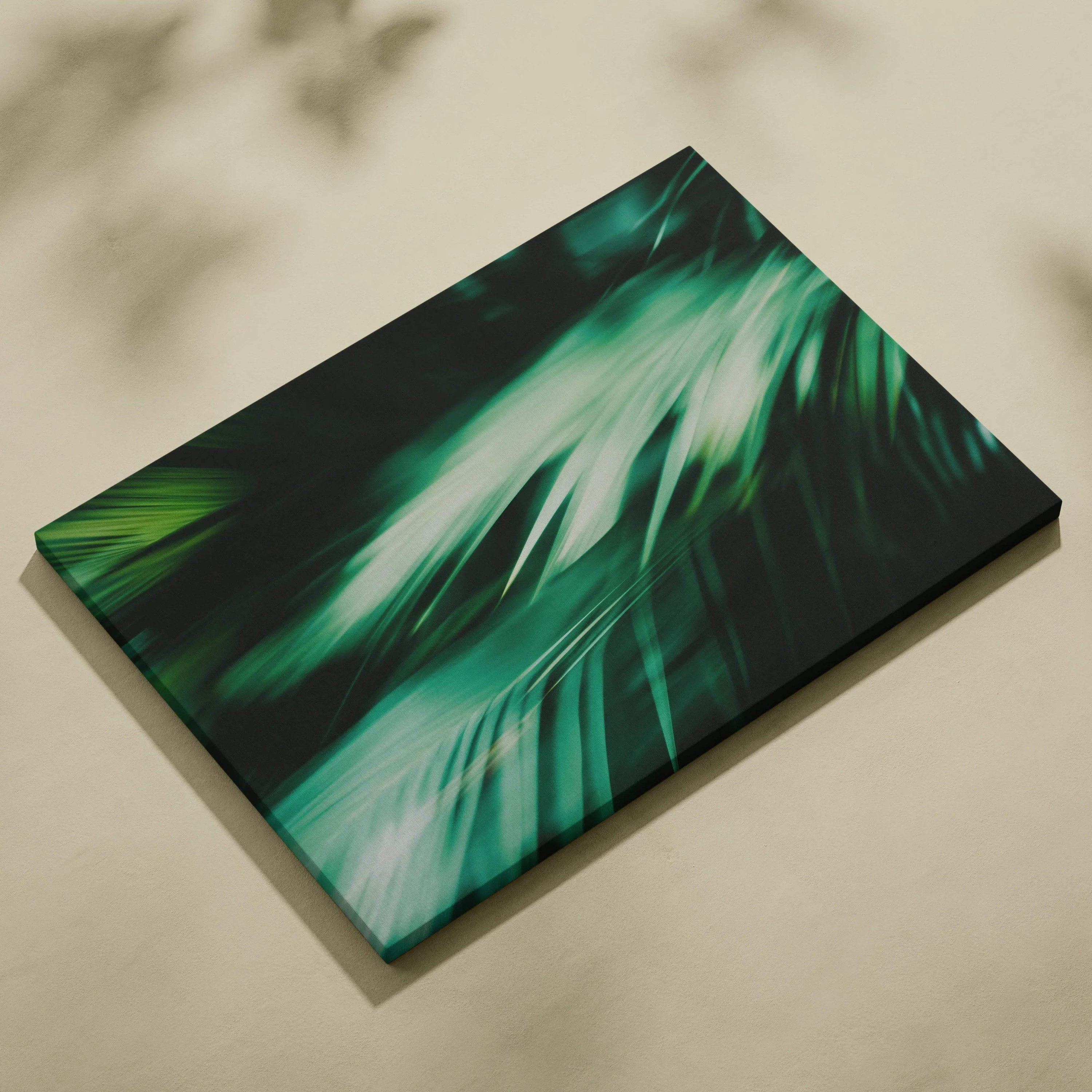 Tropical leaves close-up digital art on canvas wall decor with dark green and teal tones.