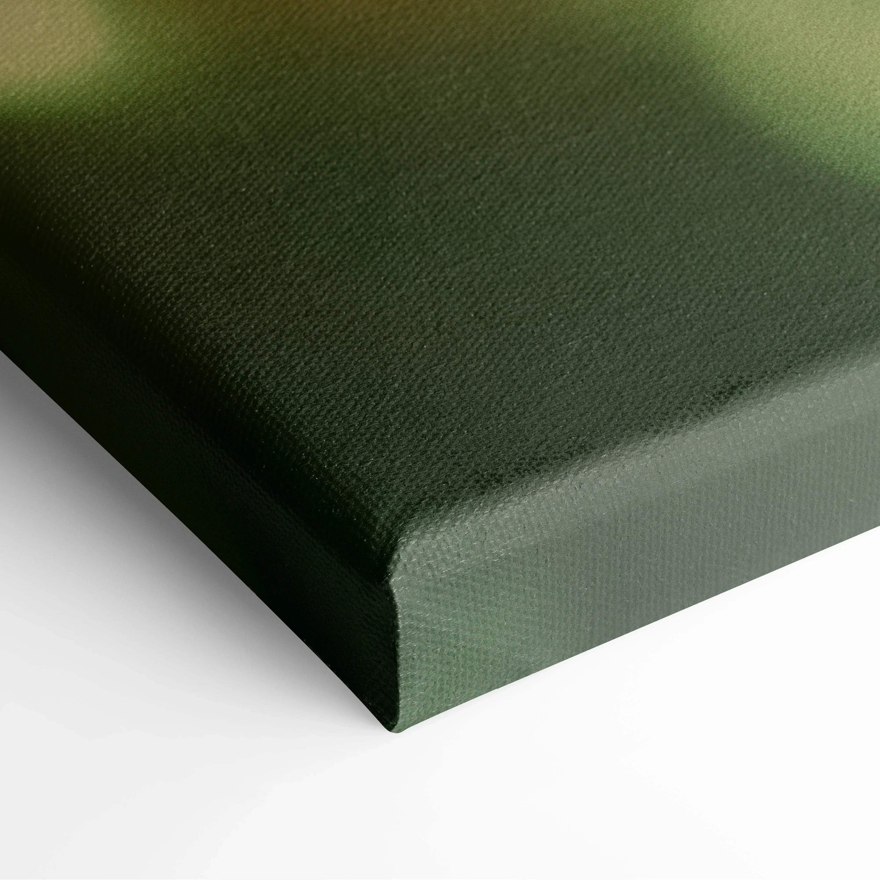 Close-up of textured canvas corner featuring digital art with dark green tropical palm leaves and golden sunlight glow.