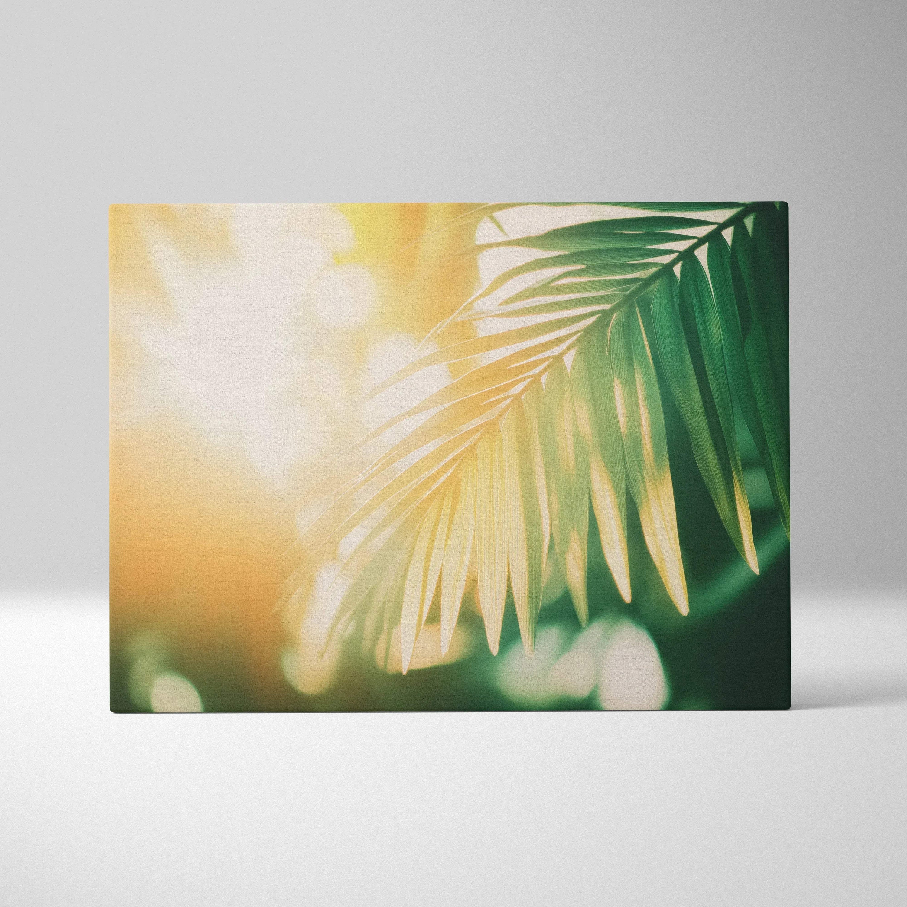 Canvas wall art featuring digital tropical palm leaves bathed in warm golden sunlight with soft blurred background.