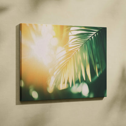 Tropical palm leaves with sunlit golden glow on canvas wall art decor.