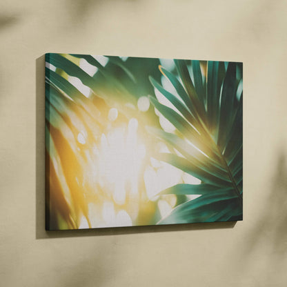 Canvas wall art featuring tropical green leaves with warm golden sun flare decor.