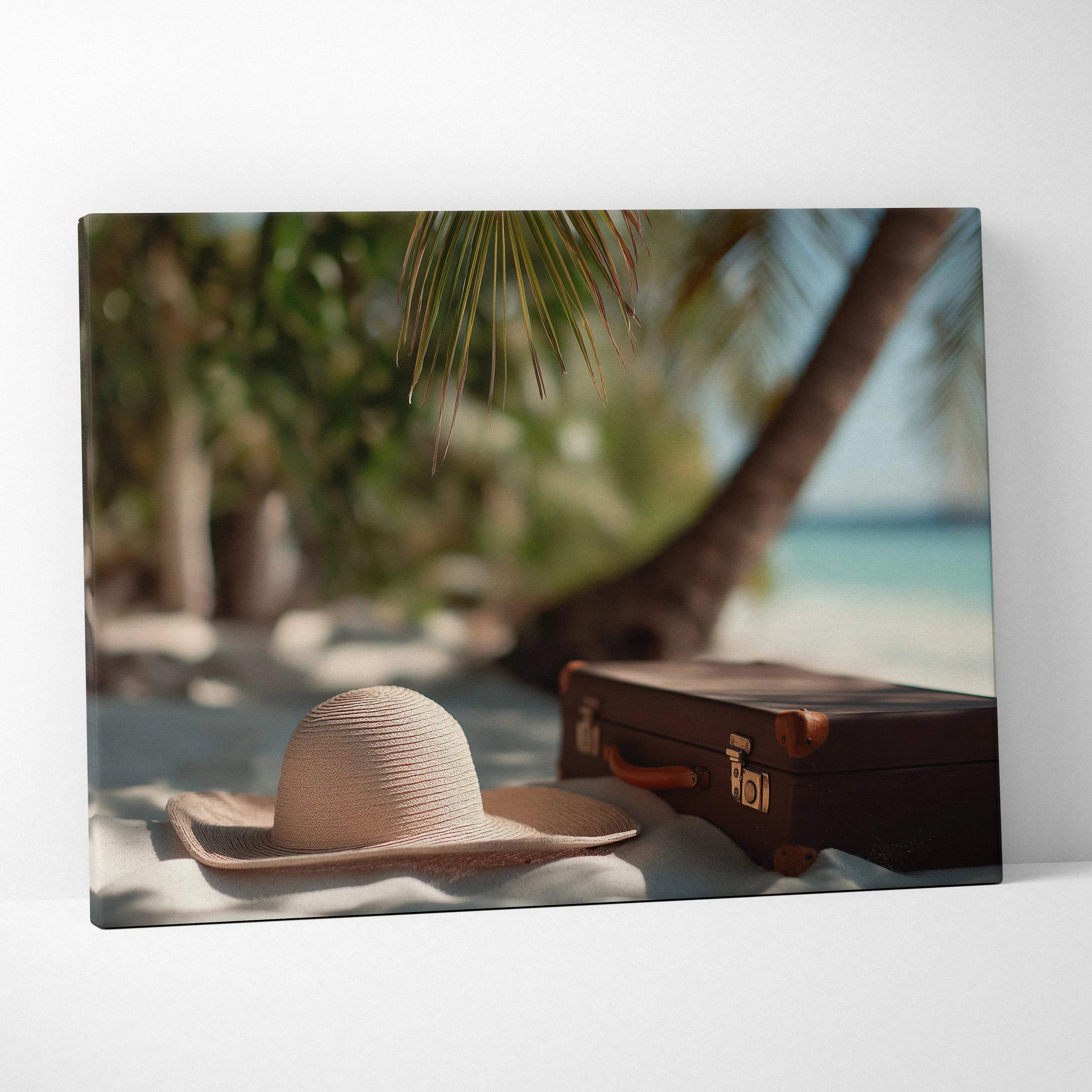 Canvas wall art featuring a beige sun hat and vintage brown suitcase on sandy beach with palm trees and ocean background.