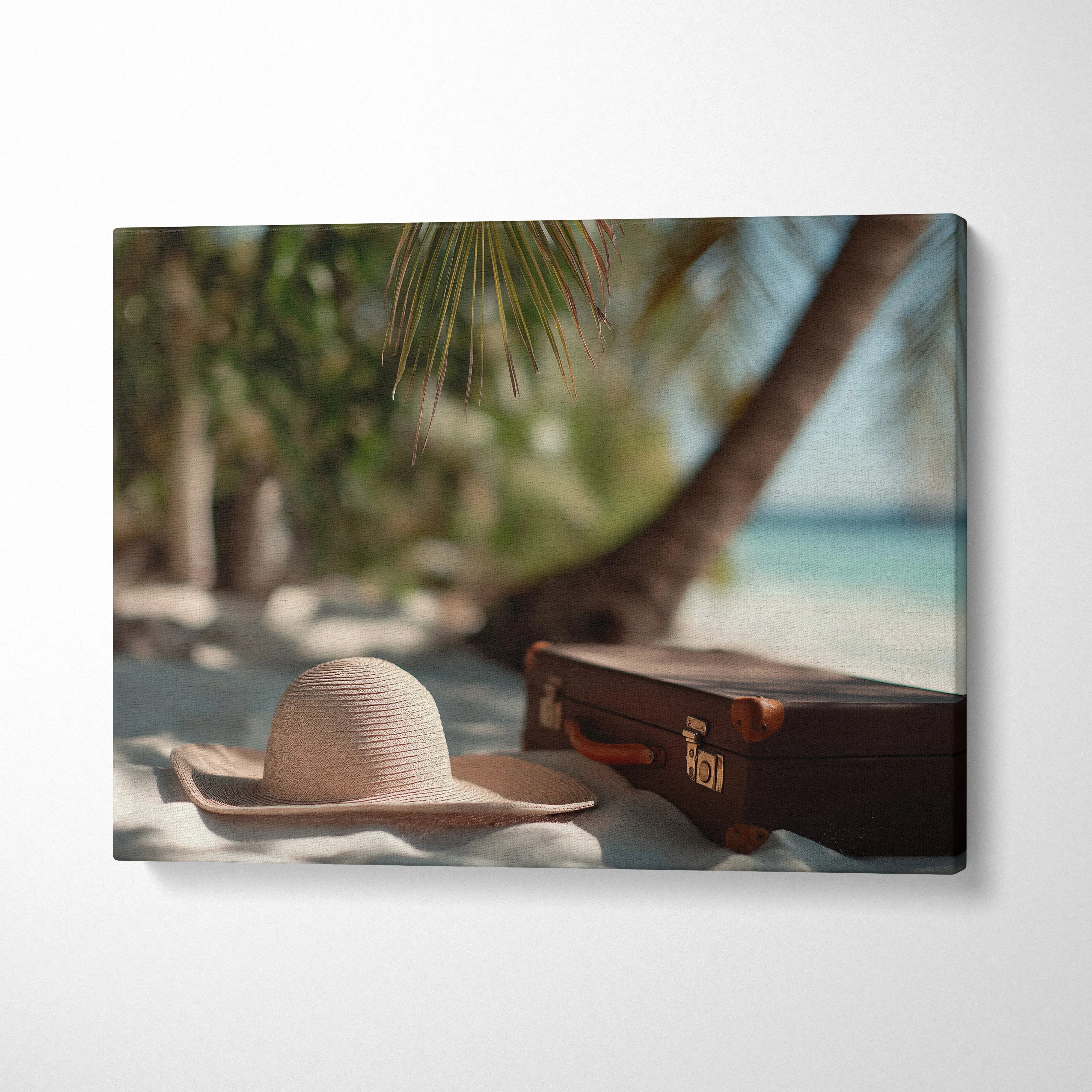 Tropical beach wall art canvas featuring a sun hat and vintage suitcase on sand with palm trees and ocean background.