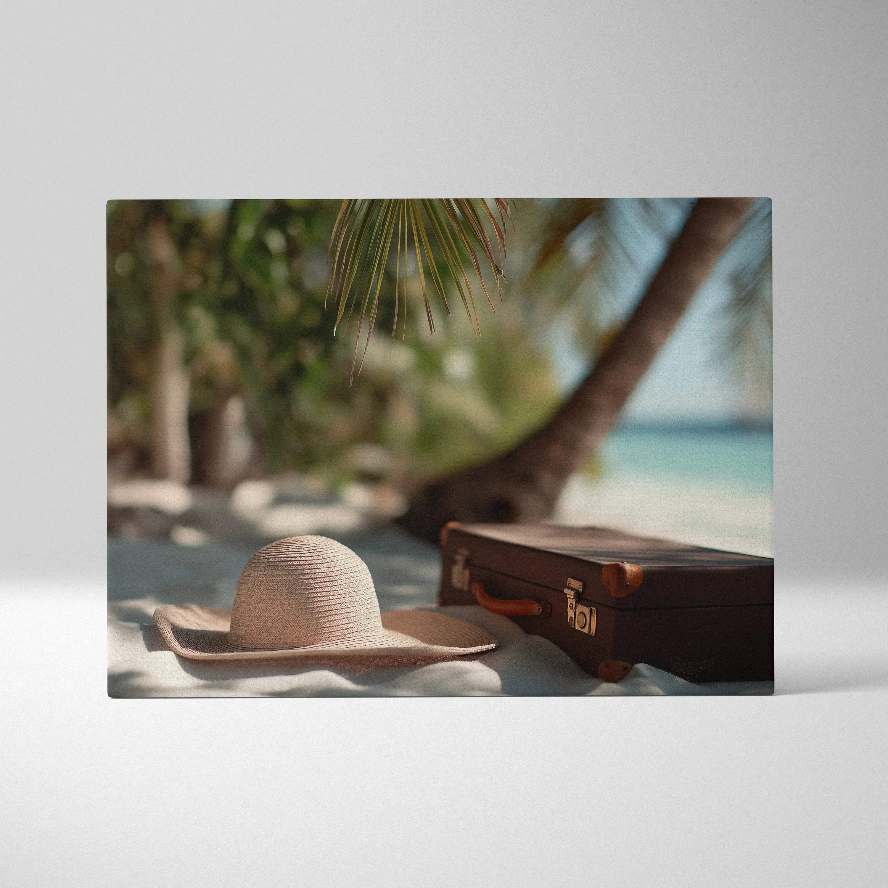 Canvas wall art featuring a beige sun hat and dark brown vintage suitcase on sandy beach with palm trees and ocean.