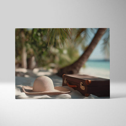 Canvas wall art featuring a beige sun hat and dark brown vintage suitcase on sandy beach with palm trees and ocean.