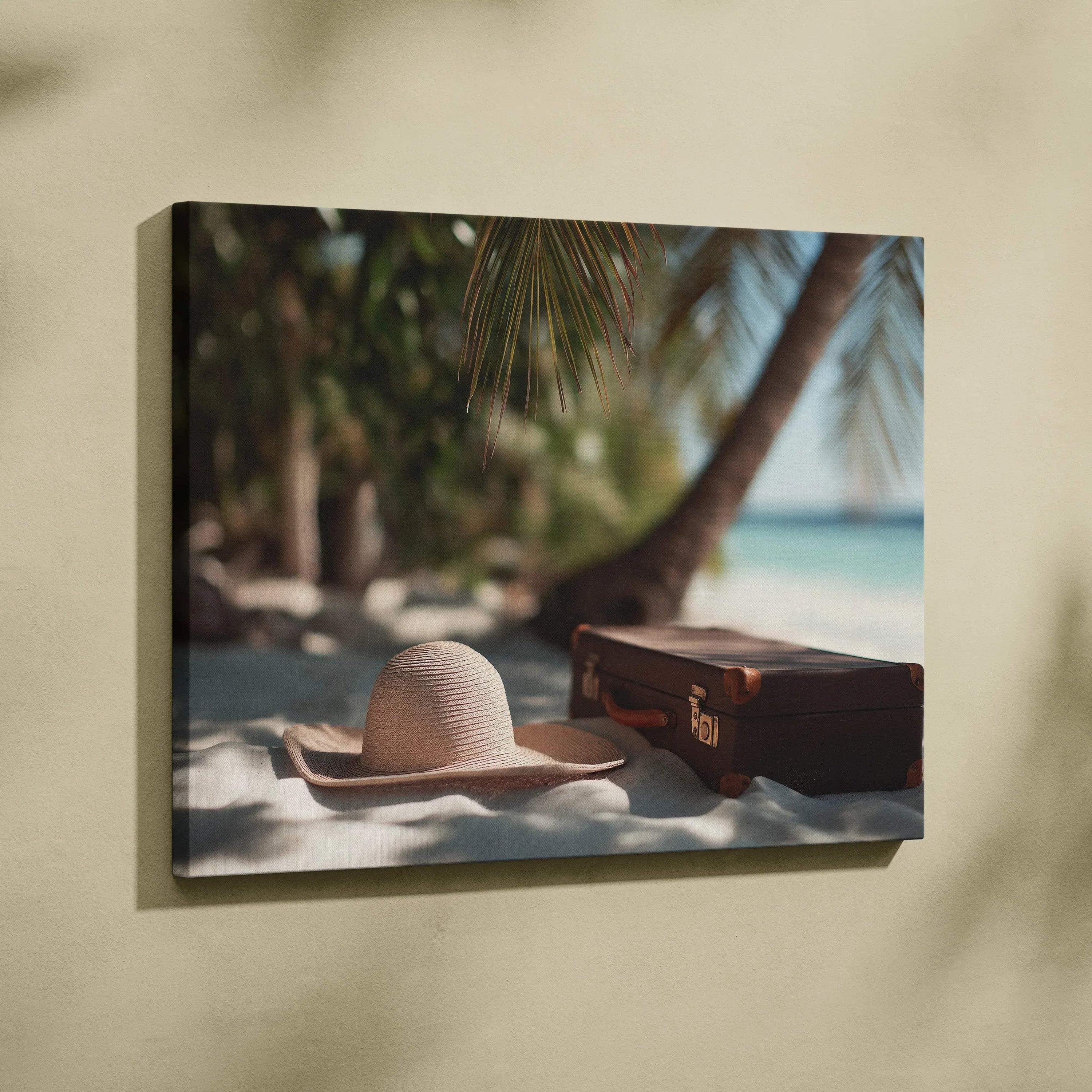 Canvas wall art featuring a beige sun hat and vintage brown suitcase on sandy beach with palm trees and ocean background.