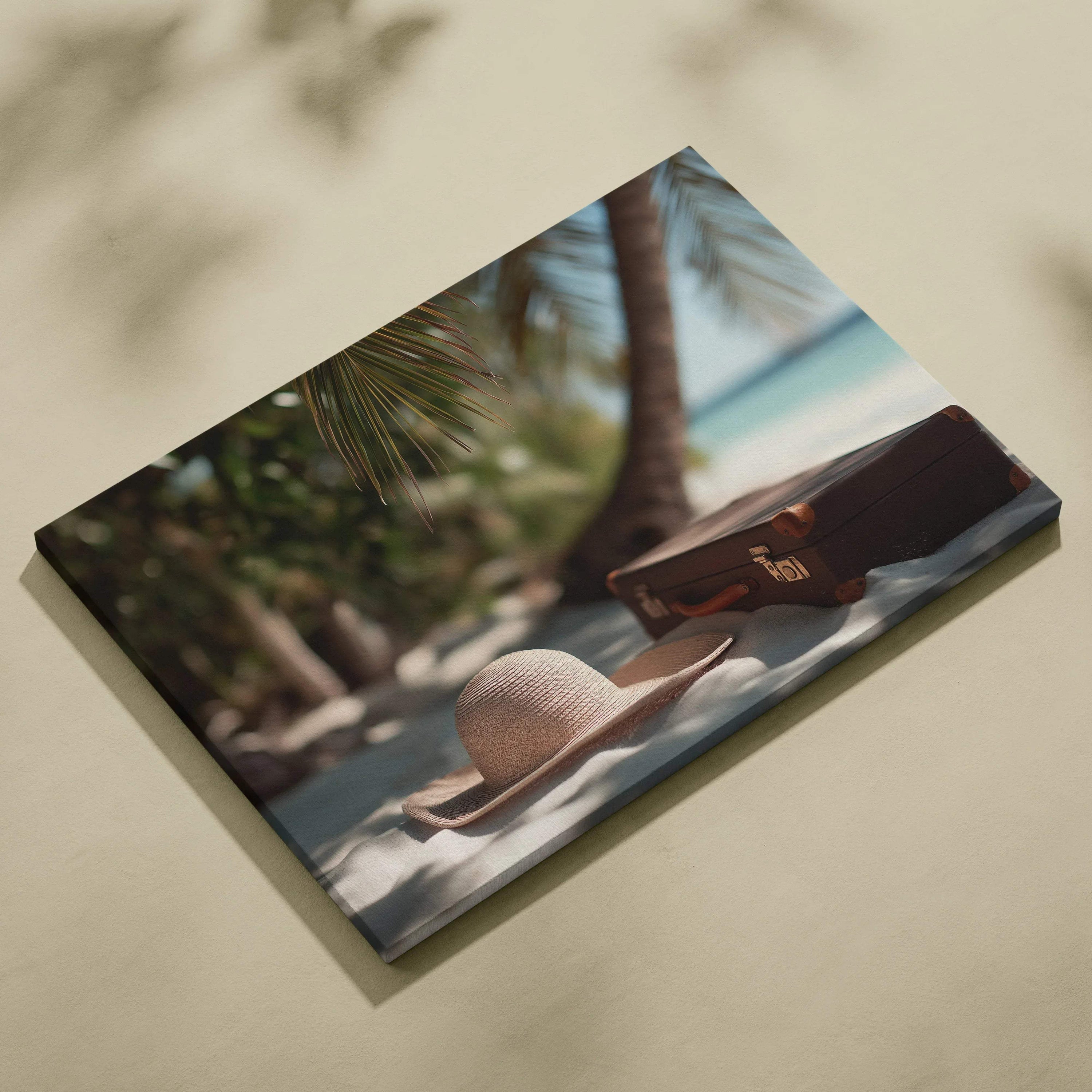 Canvas wall art featuring a sun hat and vintage suitcase on sandy beach with palm trees and ocean background.