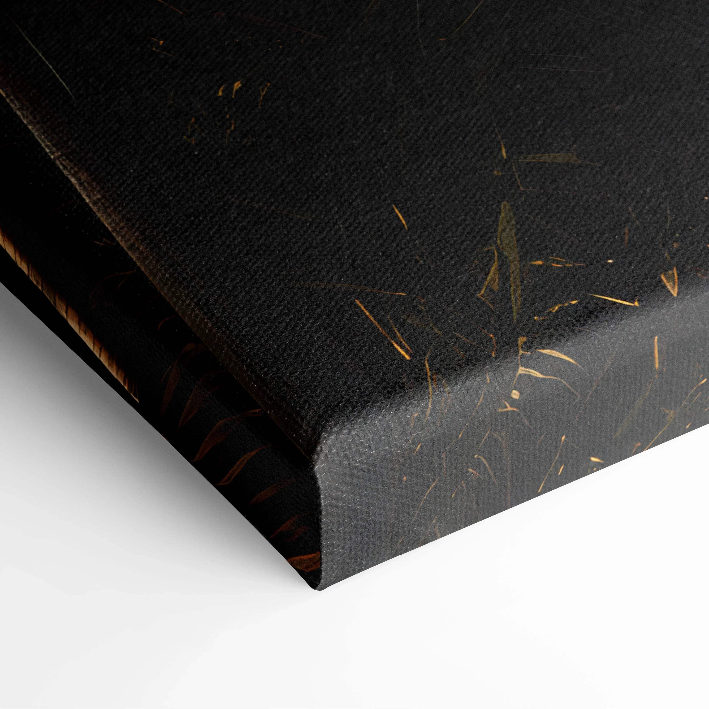 Black canvas wall art with subtle gold palm leaf accents and textured digital art design.