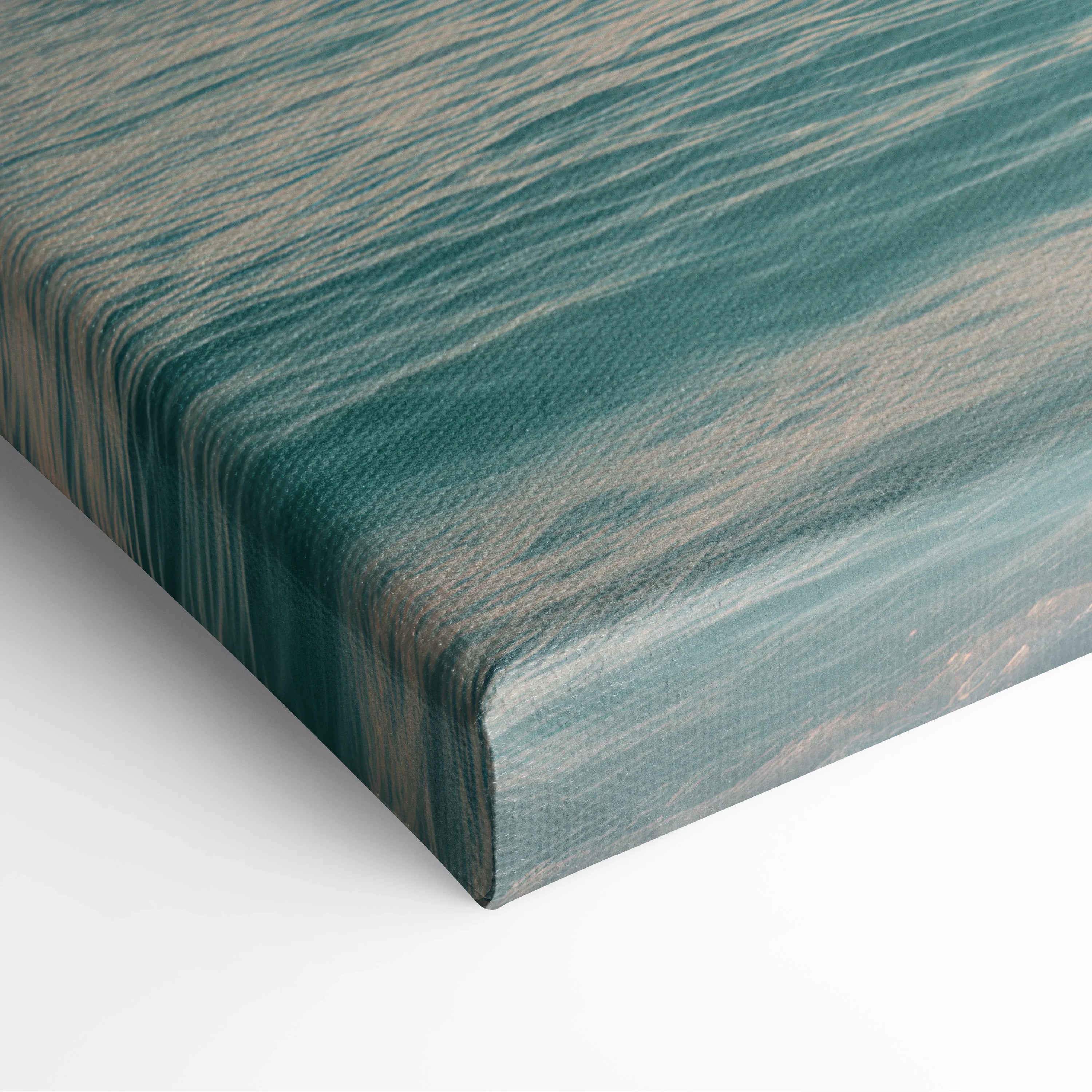 Turquoise and sandy beach scene on stretched canvas with textured water and shore detail.