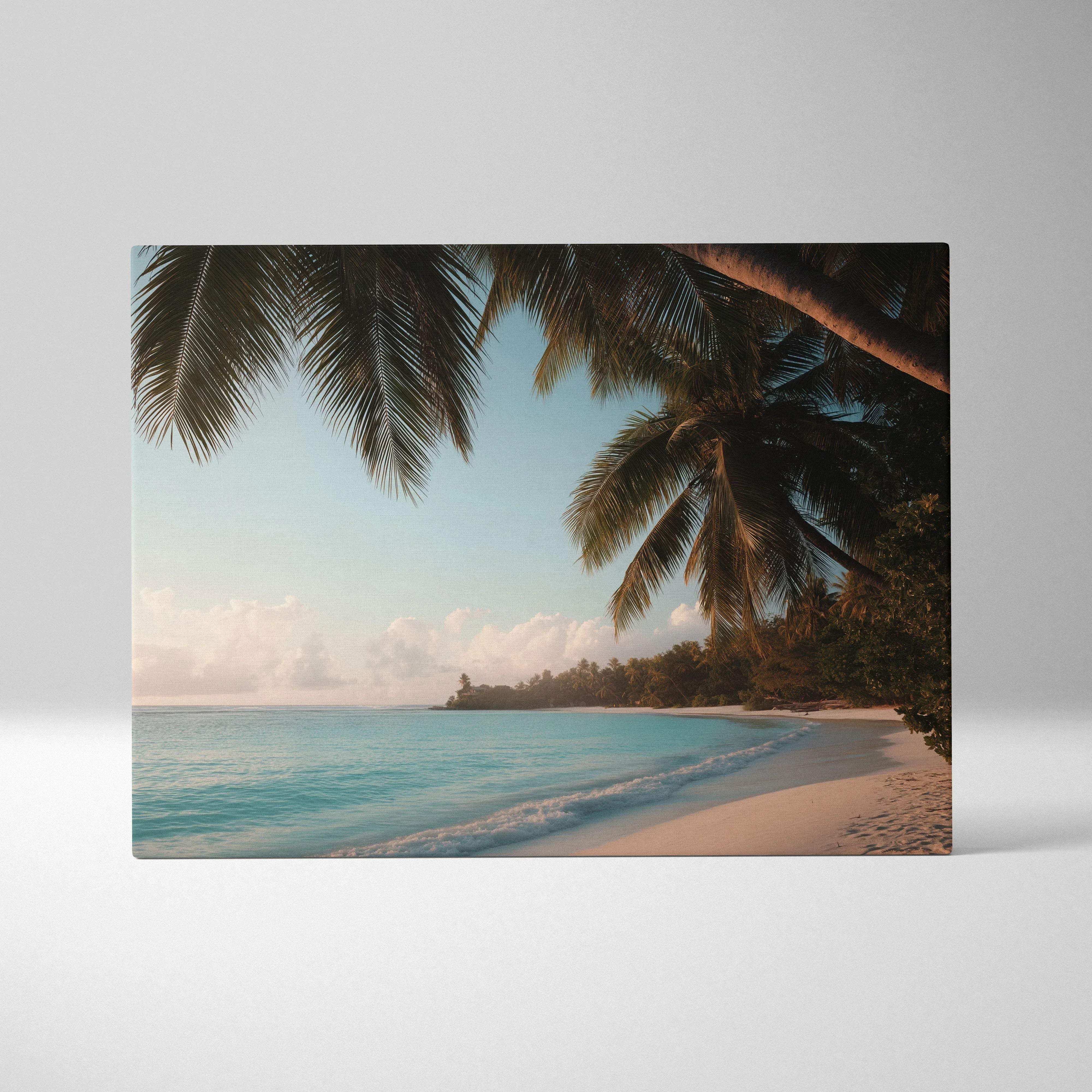 Beige canvas print of tropical beach scene with turquoise water white sand and palm trees for coastal wall art