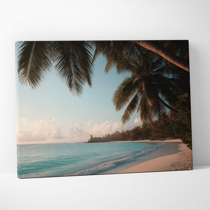 Canvas wall art featuring palm trees over turquoise ocean waters on a sandy tropical beach under a clear sky.