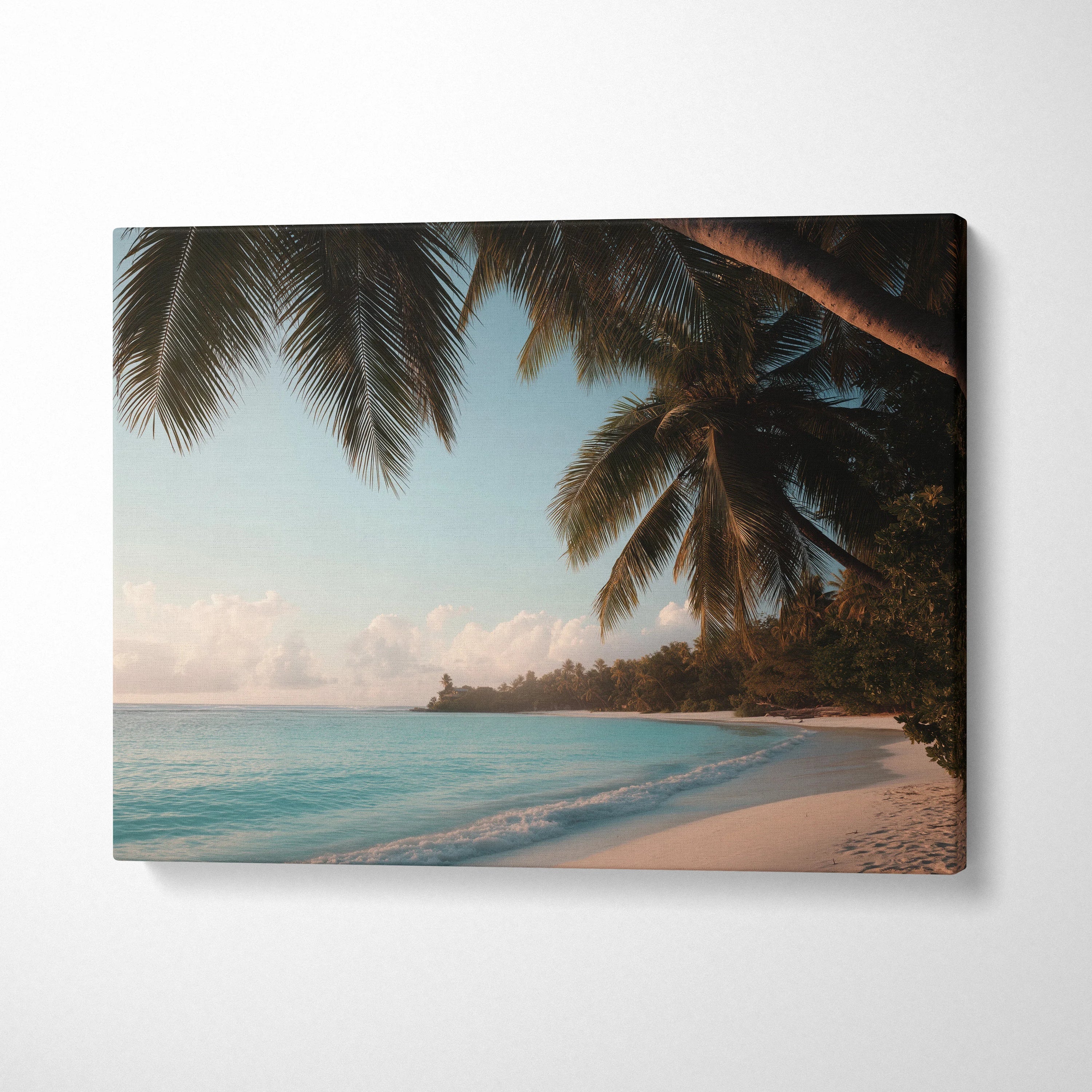 Tropical beach canvas wall art with palm trees and turquoise waters under soft sunlight.