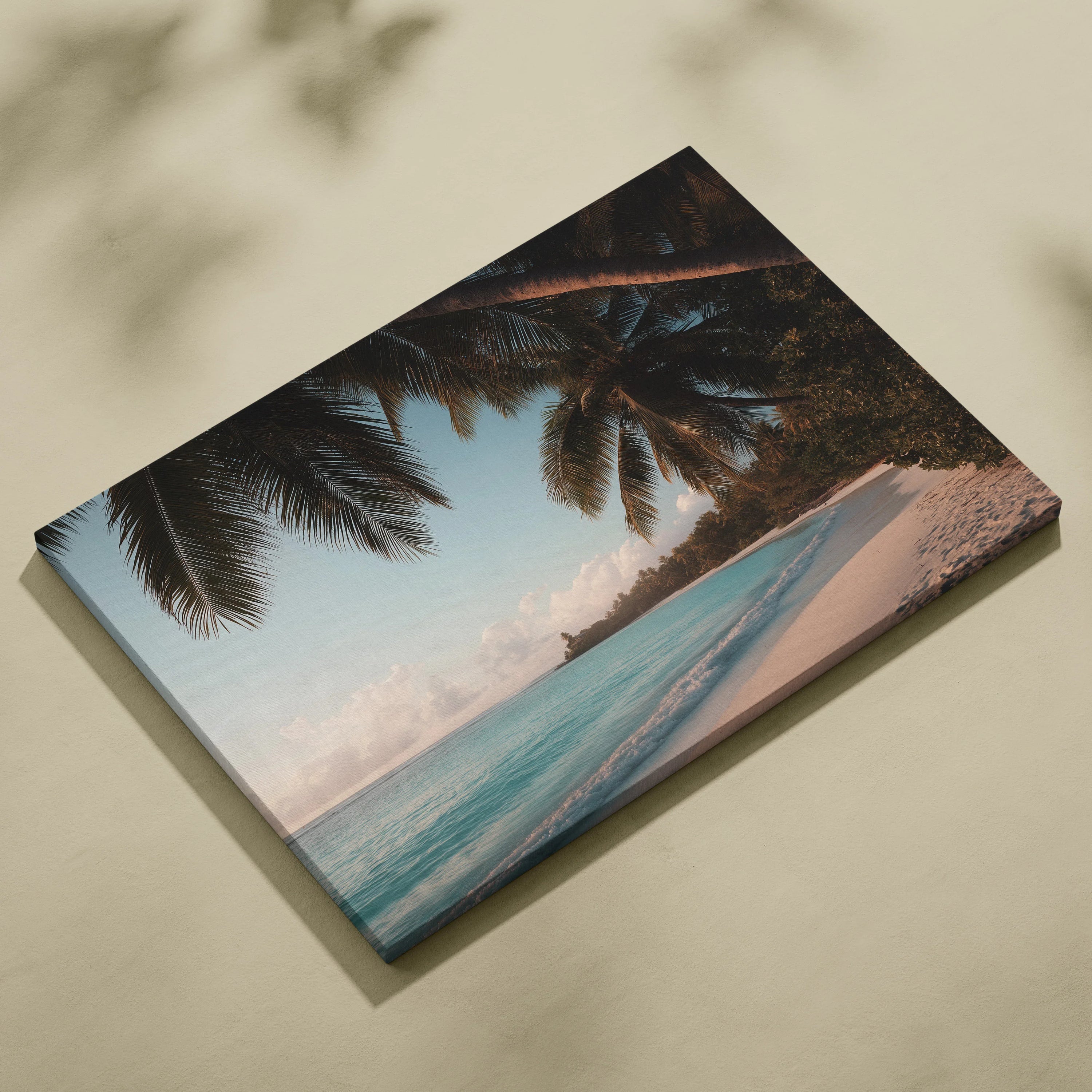 Canvas wall art featuring a tropical beach scene with palm trees and turquoise waters under a blue sky.