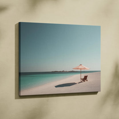Tropical beach canvas wall art with wooden chair and pink umbrella on white sand decor.