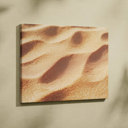 Canvas wall art featuring a close-up of textured golden beach sand in warm light, digital decor print.