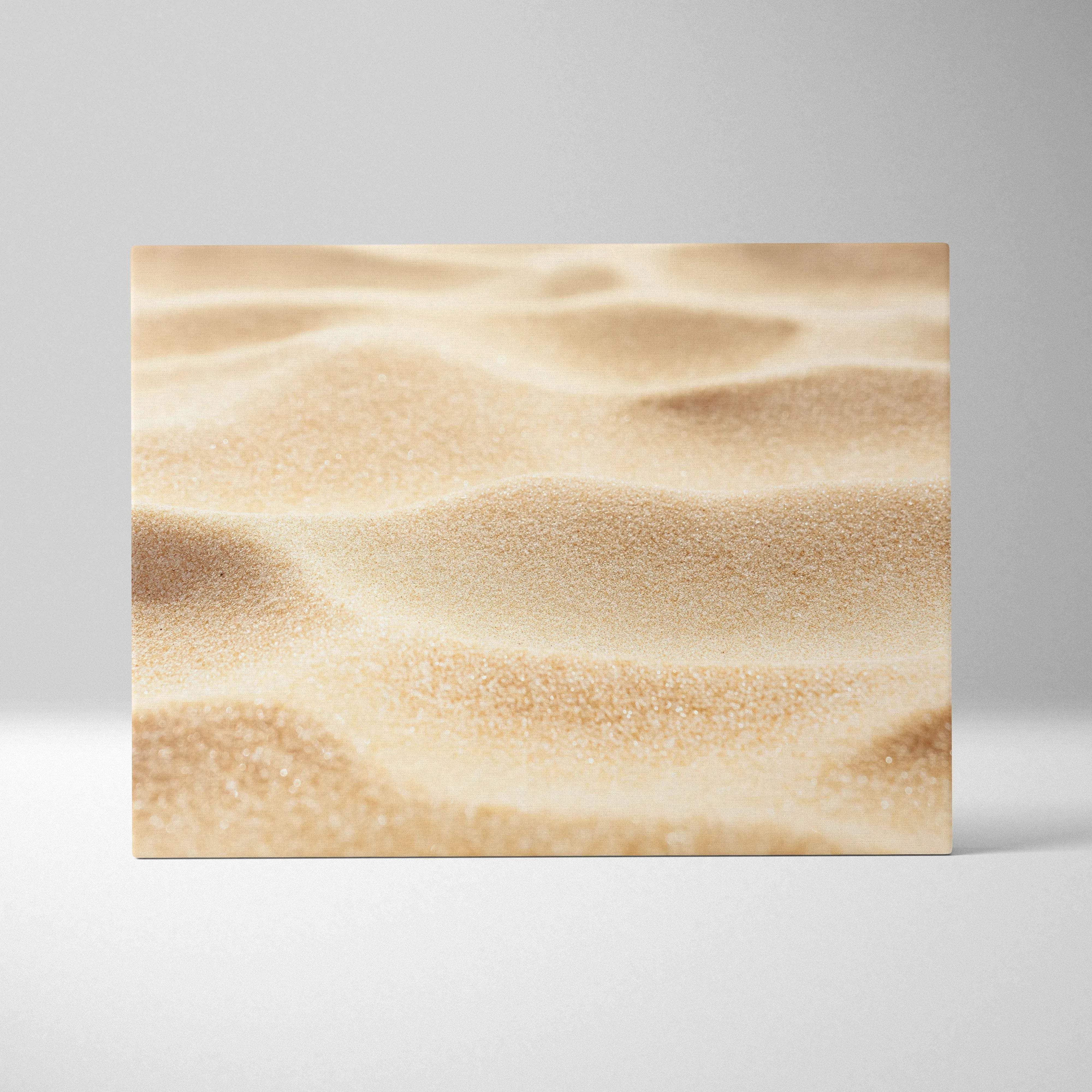 Close up sand texture rectangular canvas wall art with golden beige tones and subtle glitter for calming beach decor