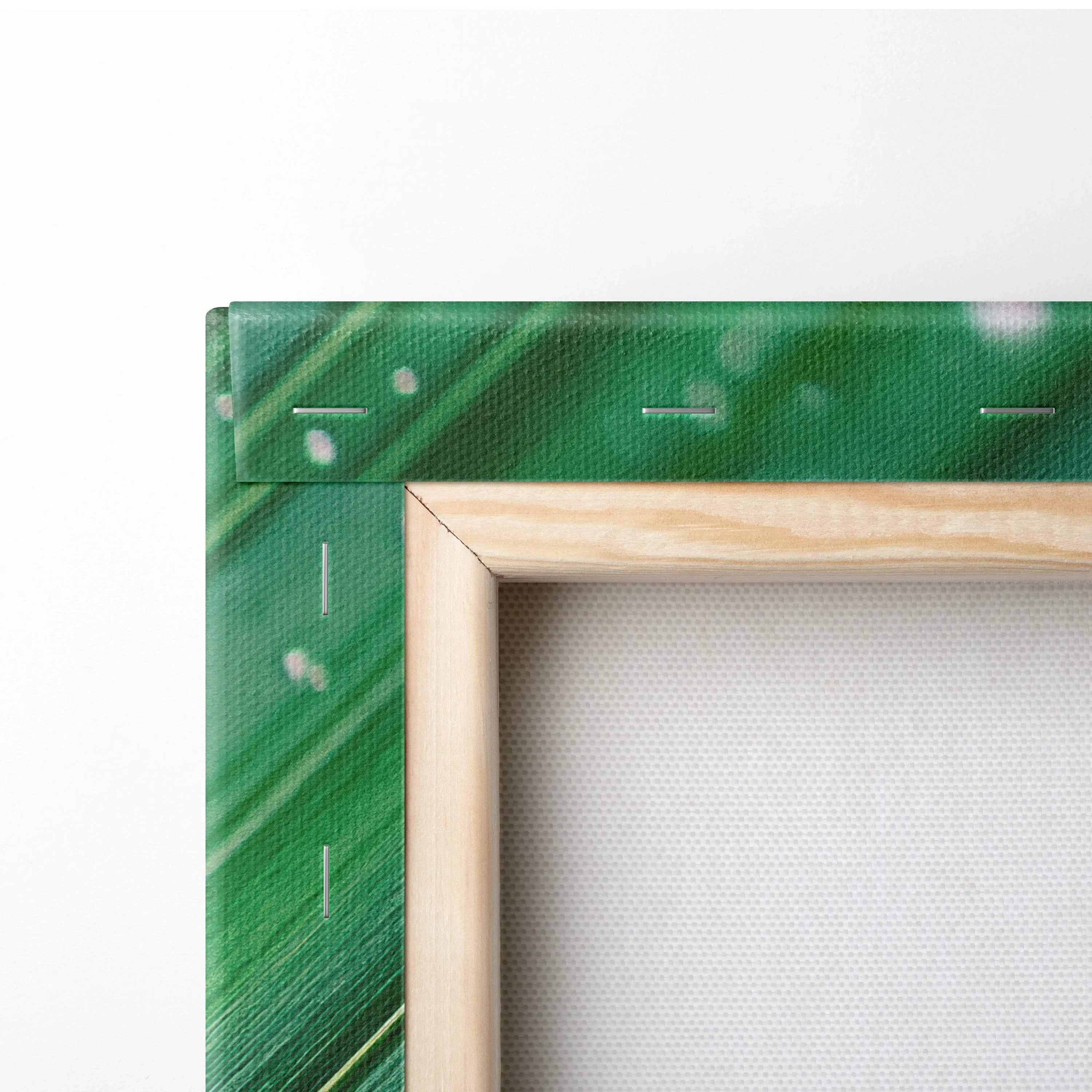 Close-up of stretched canvas print with green tropical leaves and water droplets with wooden frame edge.
