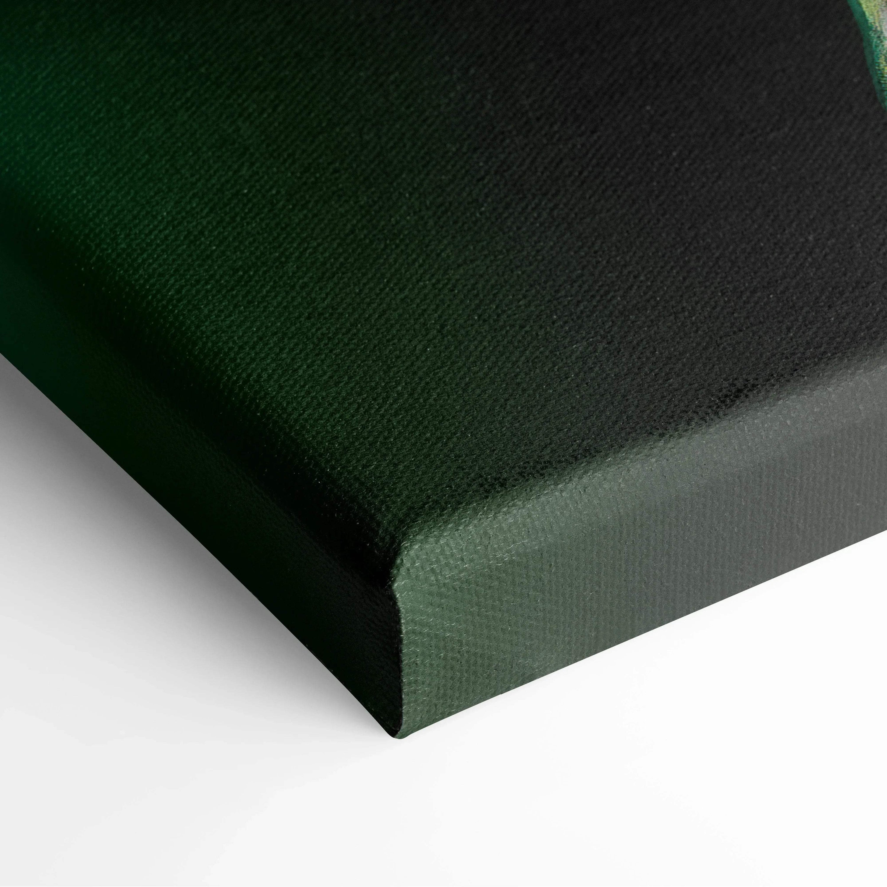 Close-up of dark green tropical leaf design on textured canvas wall art with water droplet details.