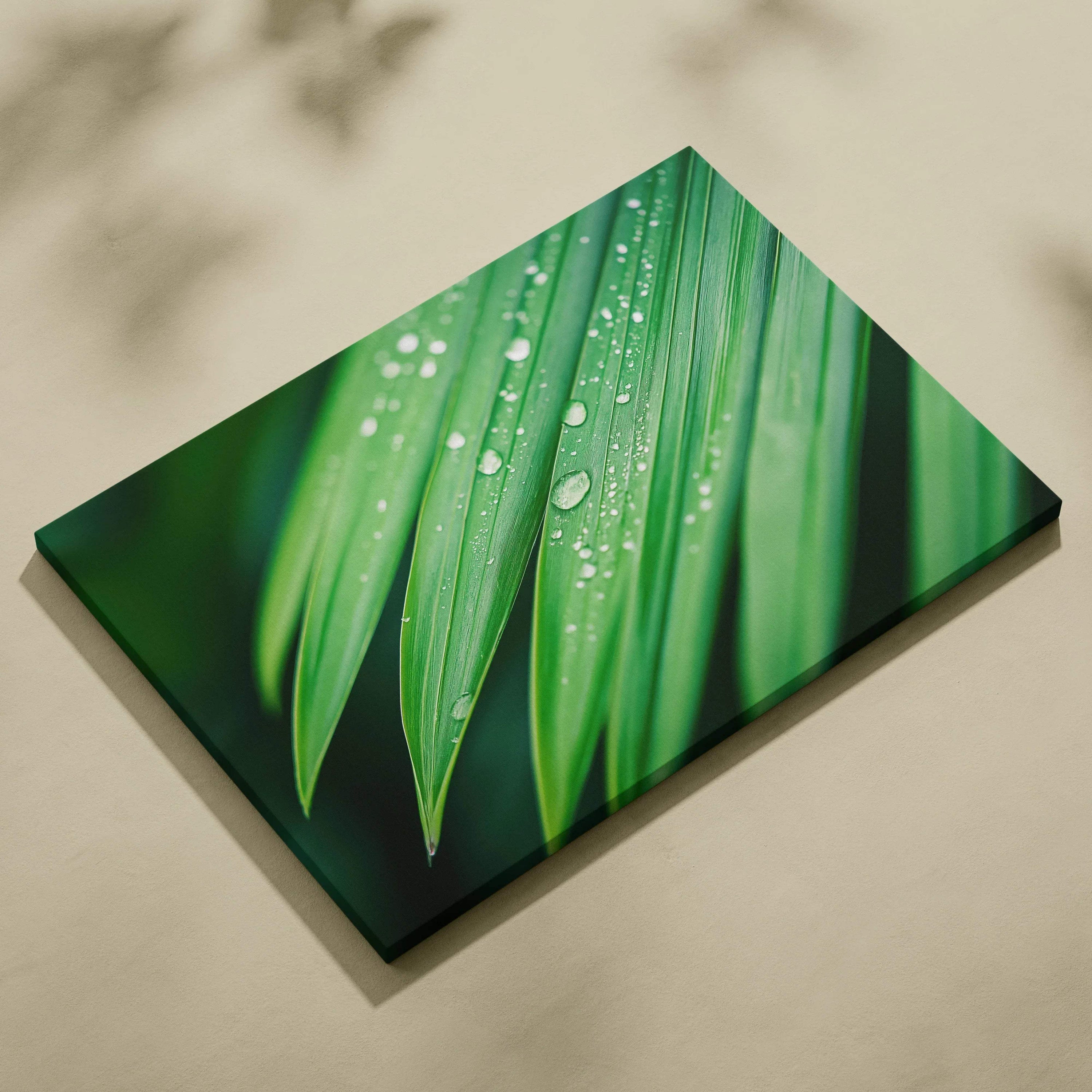 Green tropical leaves with water droplets on a rectangular canvas wall art print.