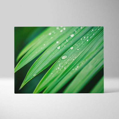 Canvas wall art featuring close-up digital art of vibrant green tropical leaves with water droplets.