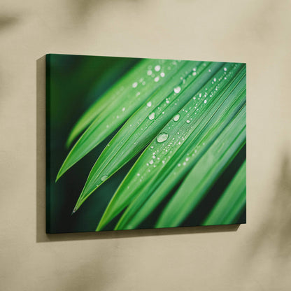 Green tropical leaves with water droplets digital art on canvas wall decor.