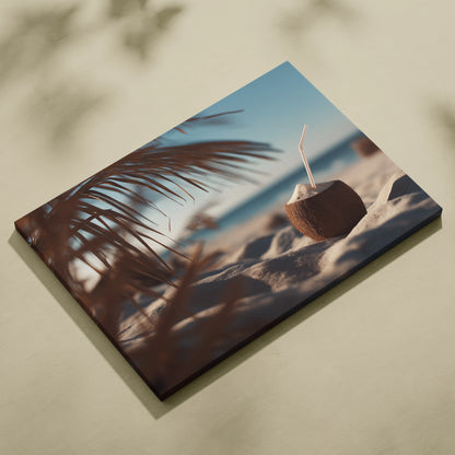 Canvas wall art featuring a tropical coconut drink with a straw on sandy beach under palm fronds.