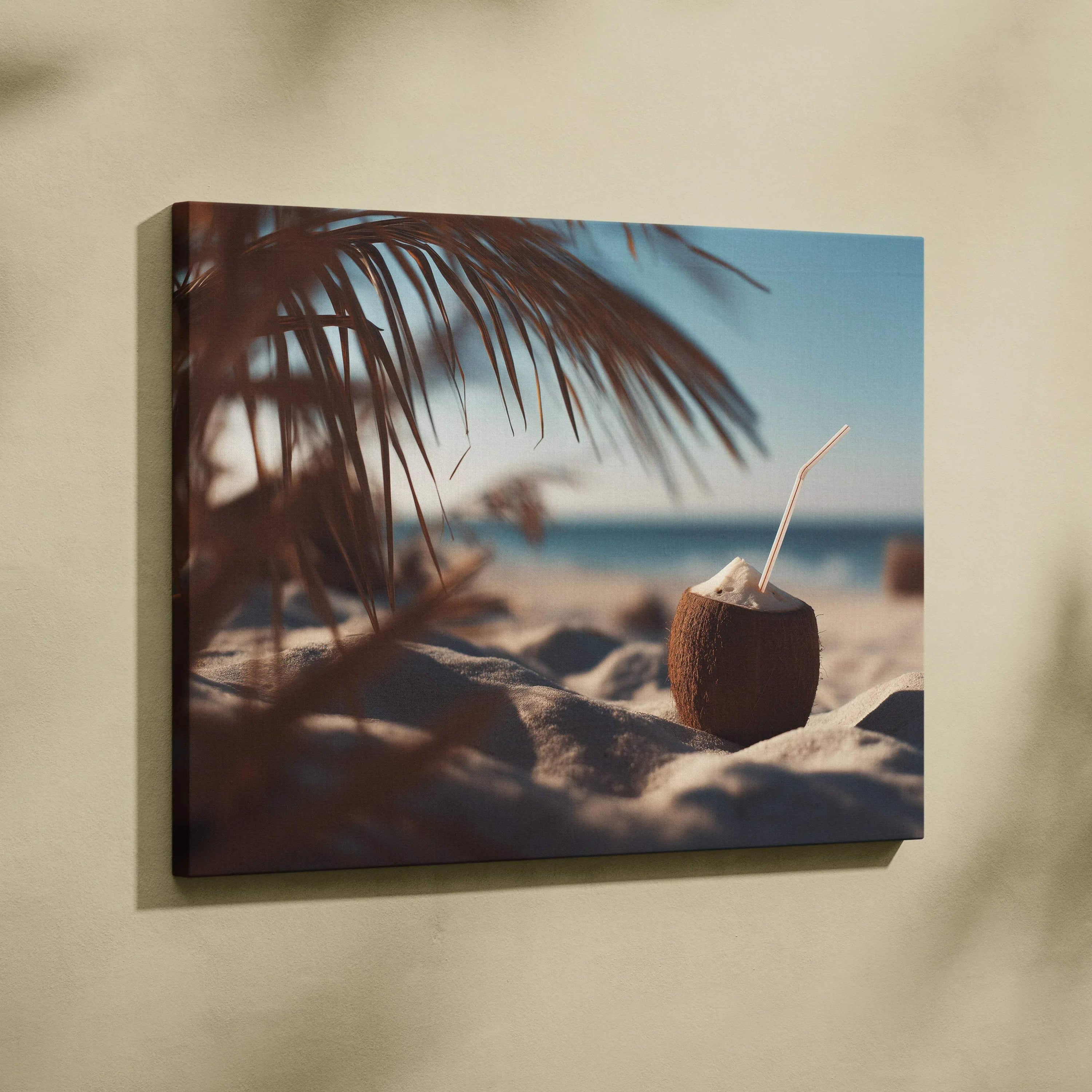 Canvas wall art featuring a tropical coconut drink on sandy beach with palm leaves, perfect decor.