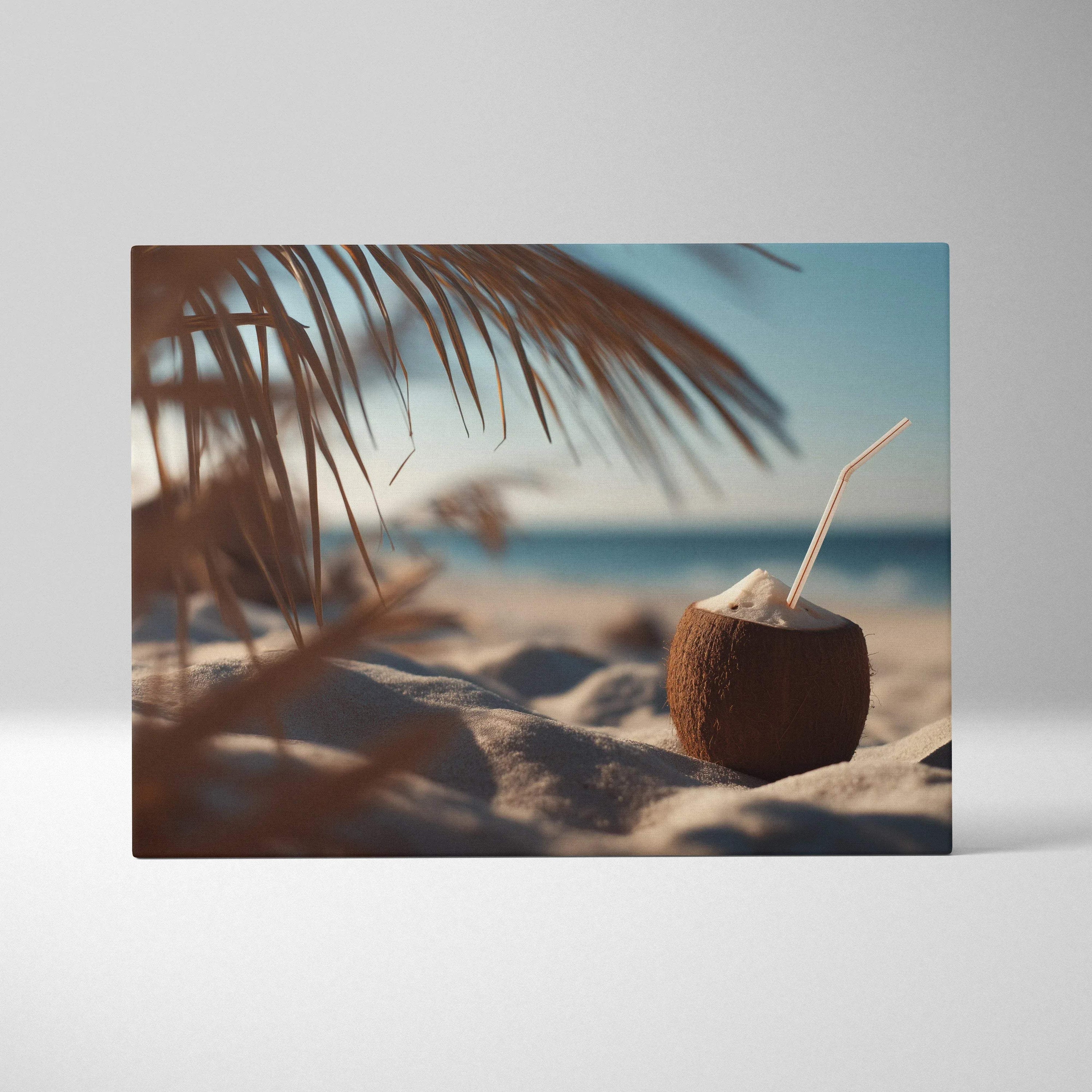 Canvas wall art featuring a vibrant coconut drink with a straw on sandy beach under palm leaves against a blue sky.