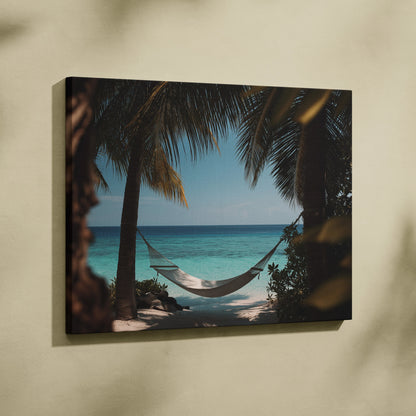 Canvas wall art depicting a white hammock hanging between palm trees overlooking turquoise ocean under clear blue sky.