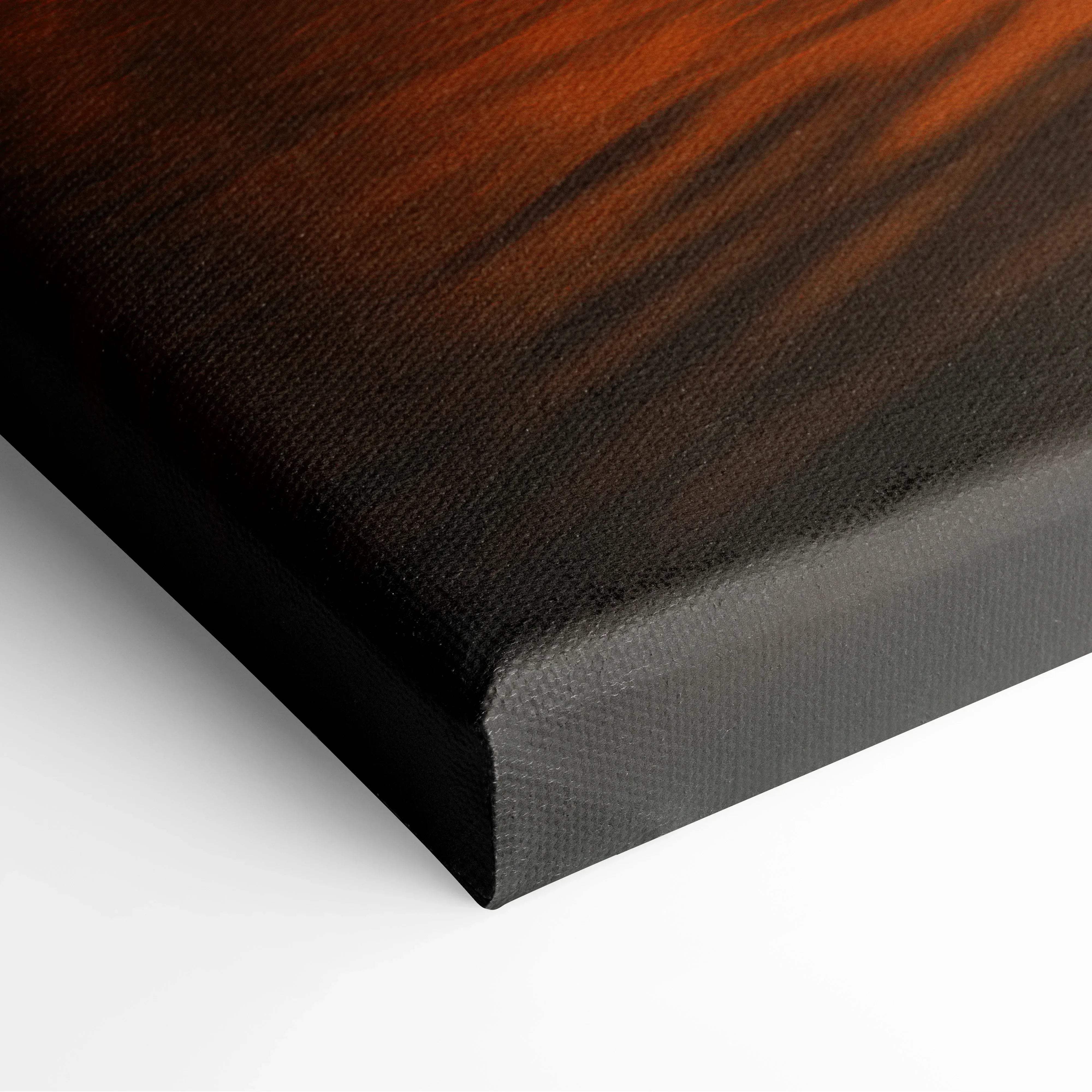 Dark brown canvas print warm sunset seascape with wood grain texture and black stretched edges for wall art