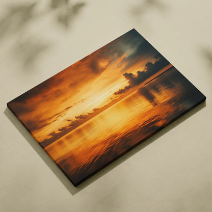 Canvas wall art featuring a vibrant orange and yellow sunset with clouds over calm ocean water reflecting warm light.