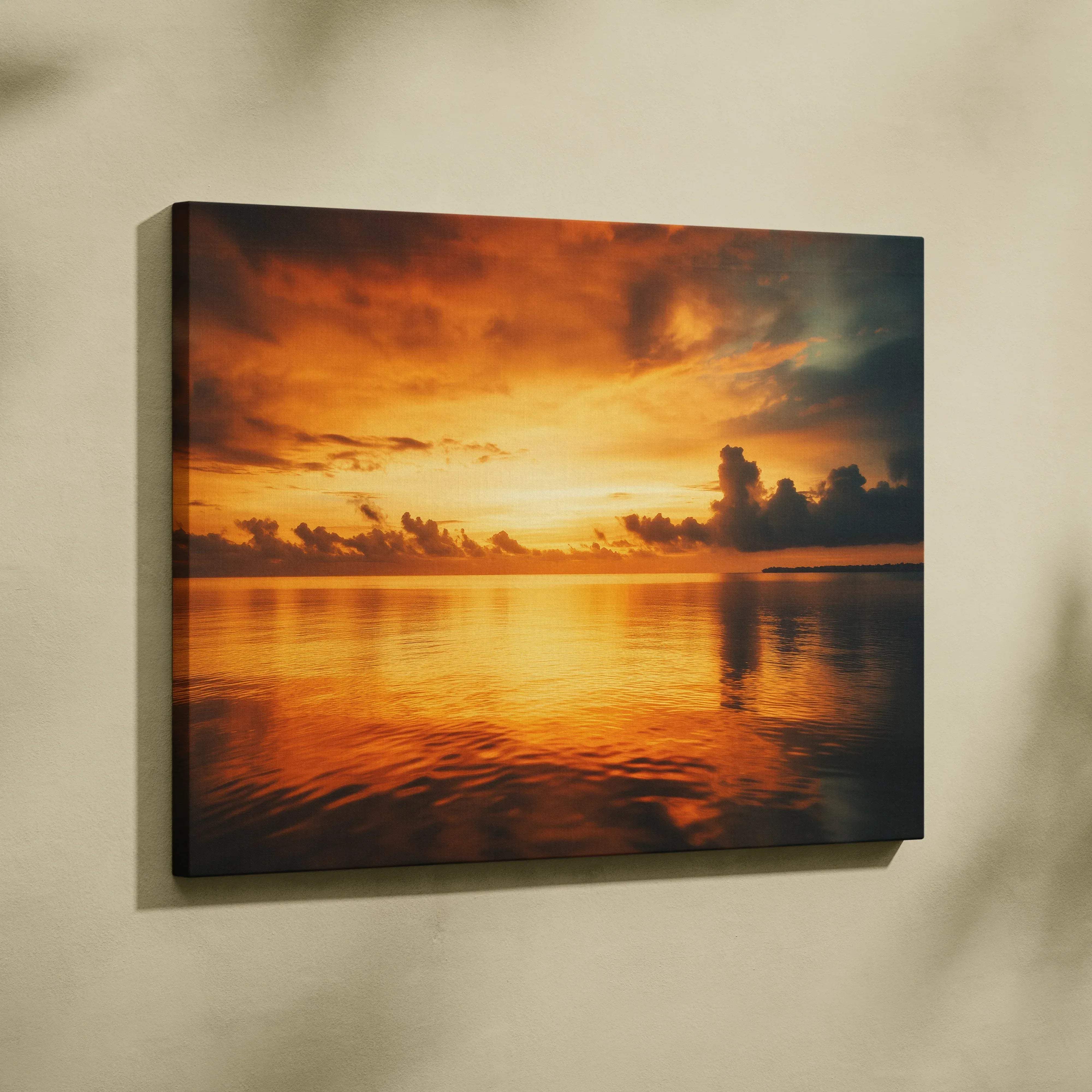Warm sunset seascape canvas wall art with orange and gold amber ocean horizon over calm water at golden hour