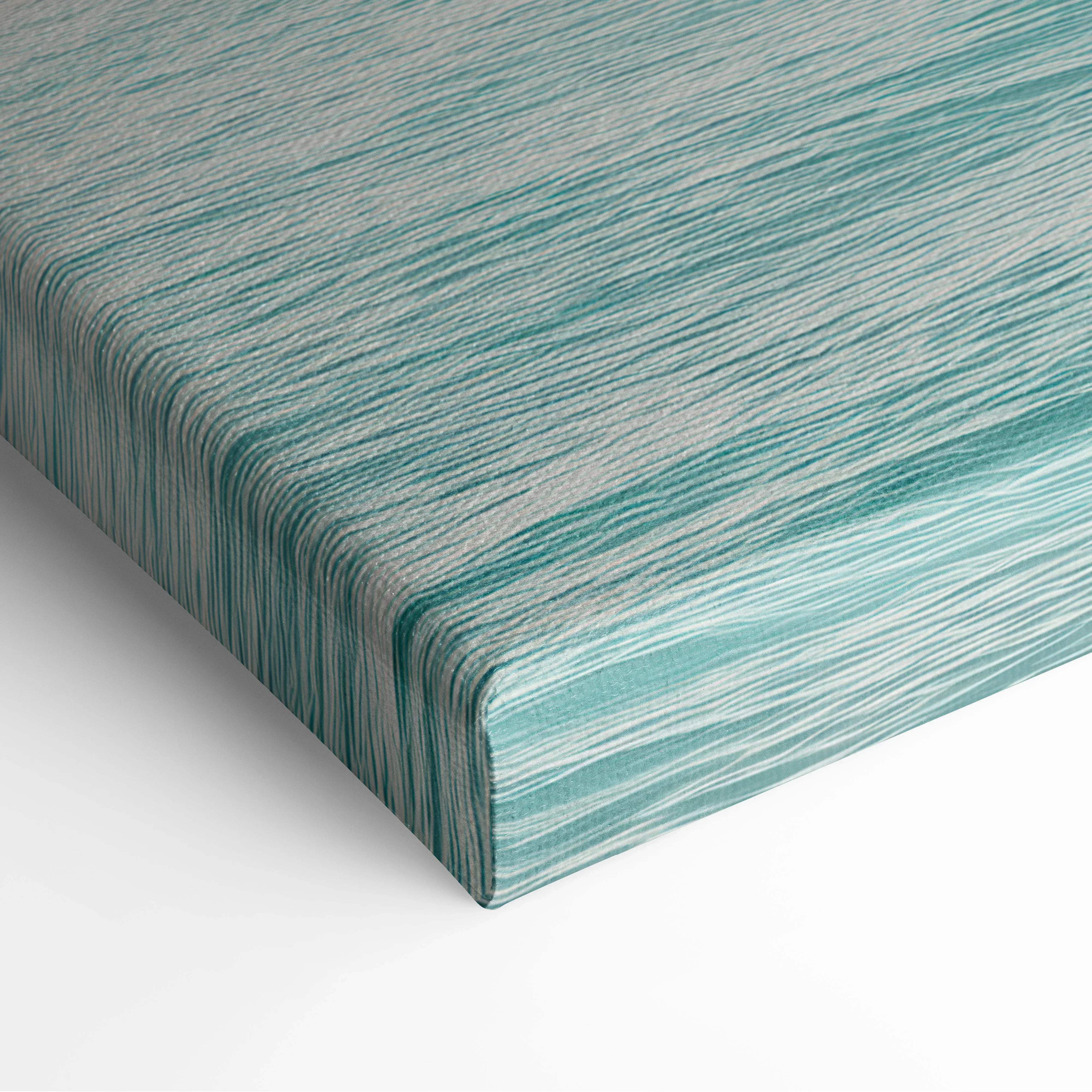 Teal and gray textured canvas with wavy stripes in tropical palm trees on turquoise waters island mood wall art