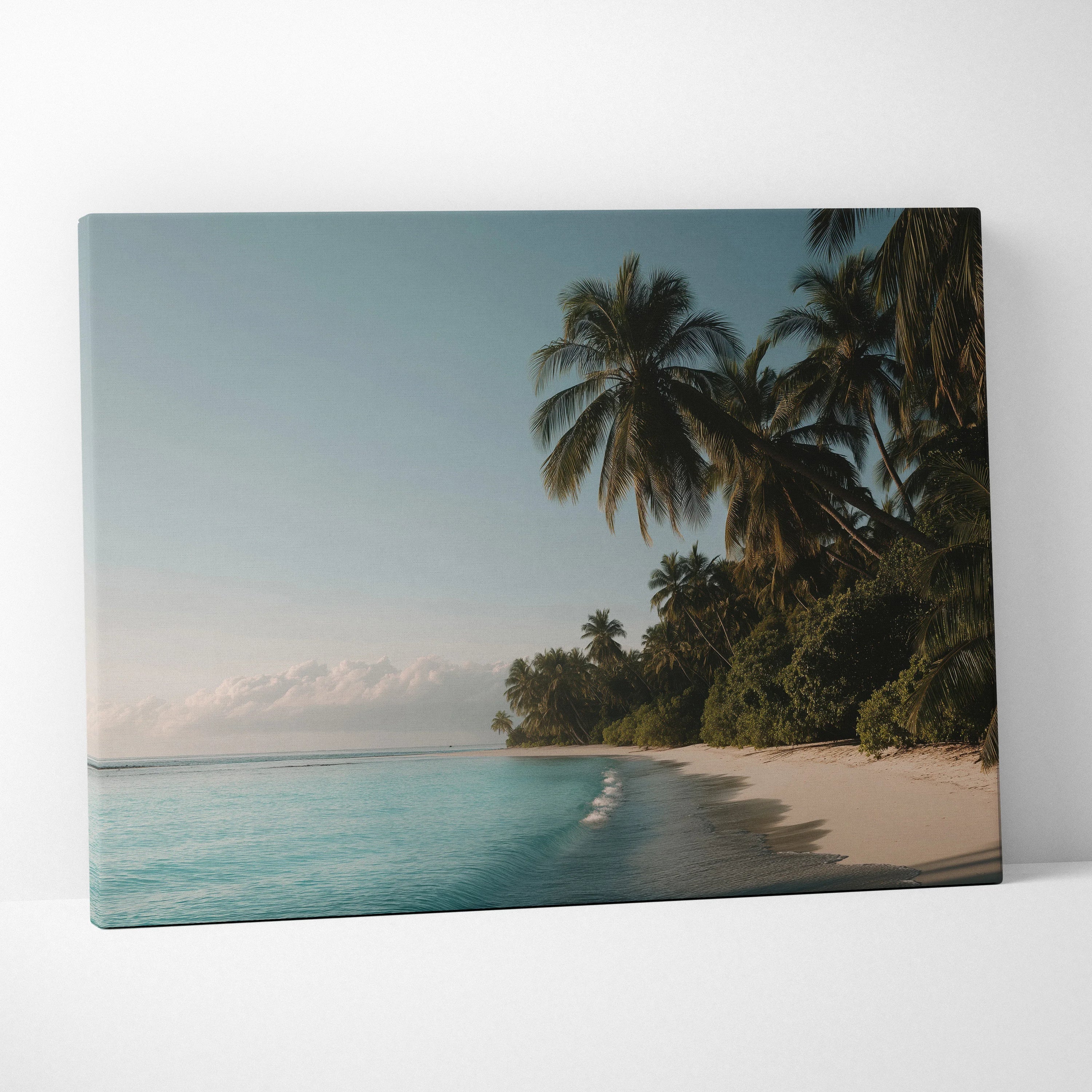 Canvas wall art featuring a tropical beach with palm trees, turquoise waters, and a sunlit sandy shoreline.