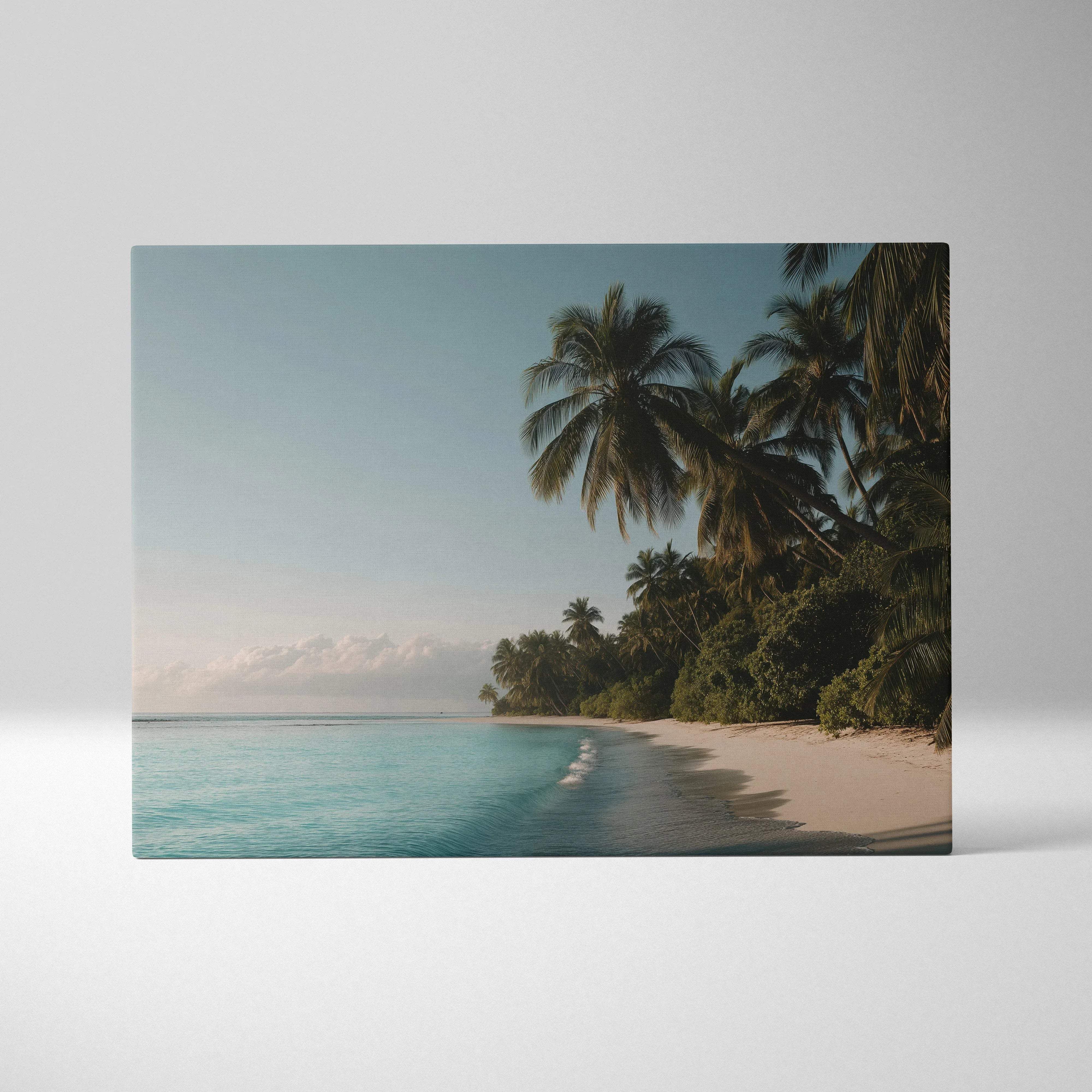 Beige canvas print of tropical palm trees on turquoise waters with white sand and lush greenery for home decor
