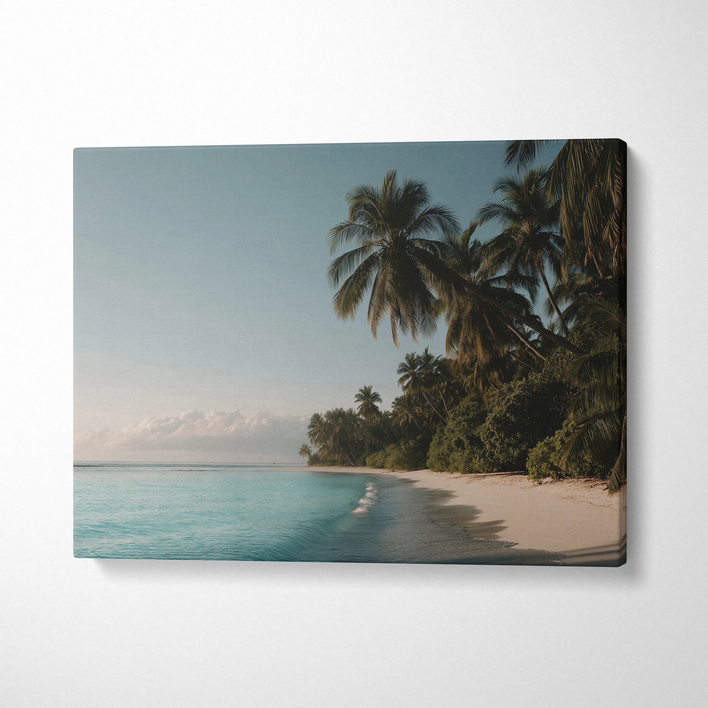 Tropical beach canvas wall art featuring palm trees and turquoise waters along a sunlit sandy shoreline.