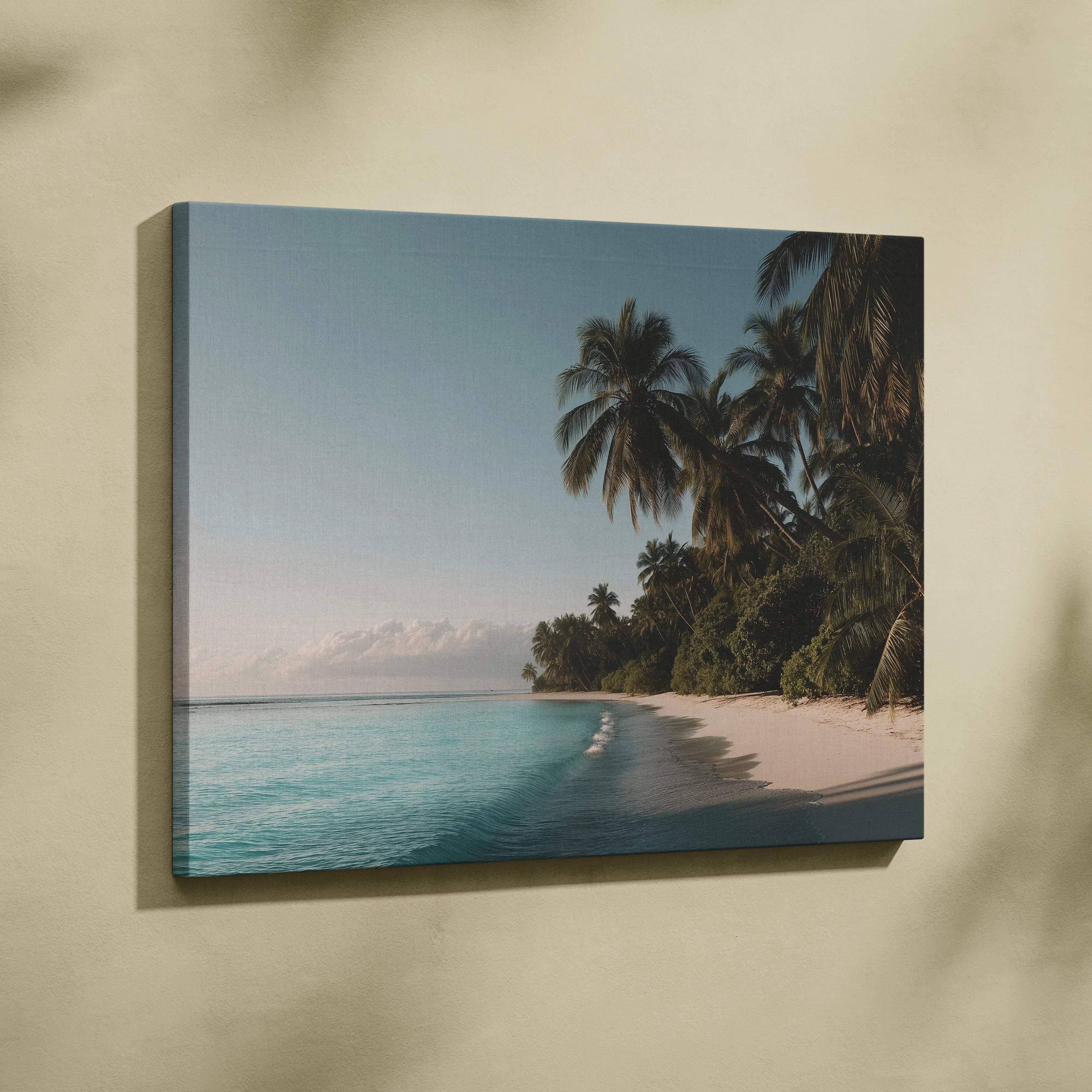 Beige-framed canvas print of a tropical palm trees beach scene with turquoise water and white sand for home decor