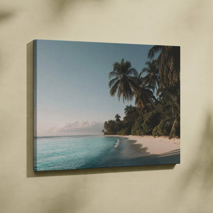 Canvas wall art featuring a tropical beach scene with palm trees, turquoise waters, and sunlit shoreline.
