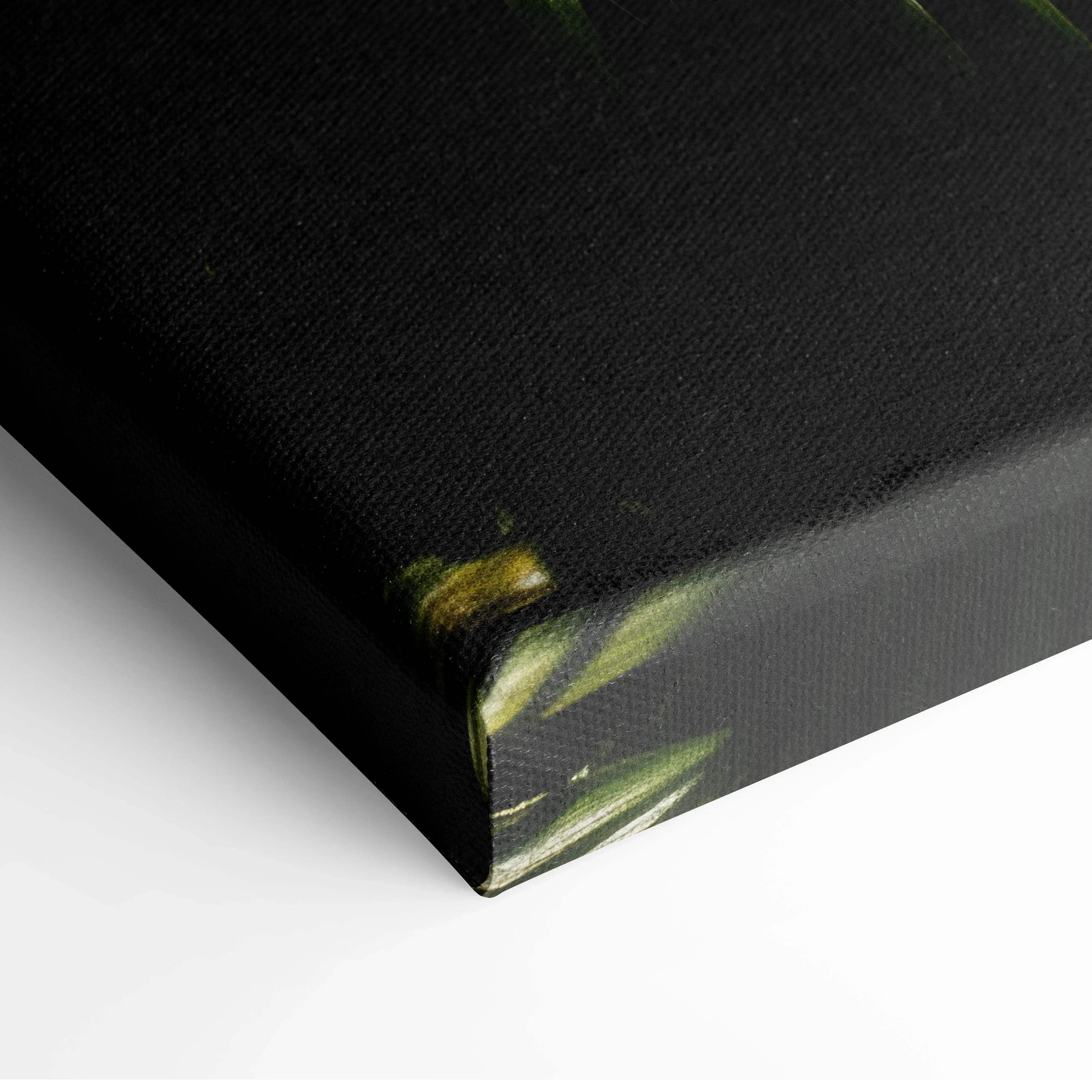 Black canvas print with textured surface and subtle green brushstroke accents for premium tropical palm leaves wall art decor