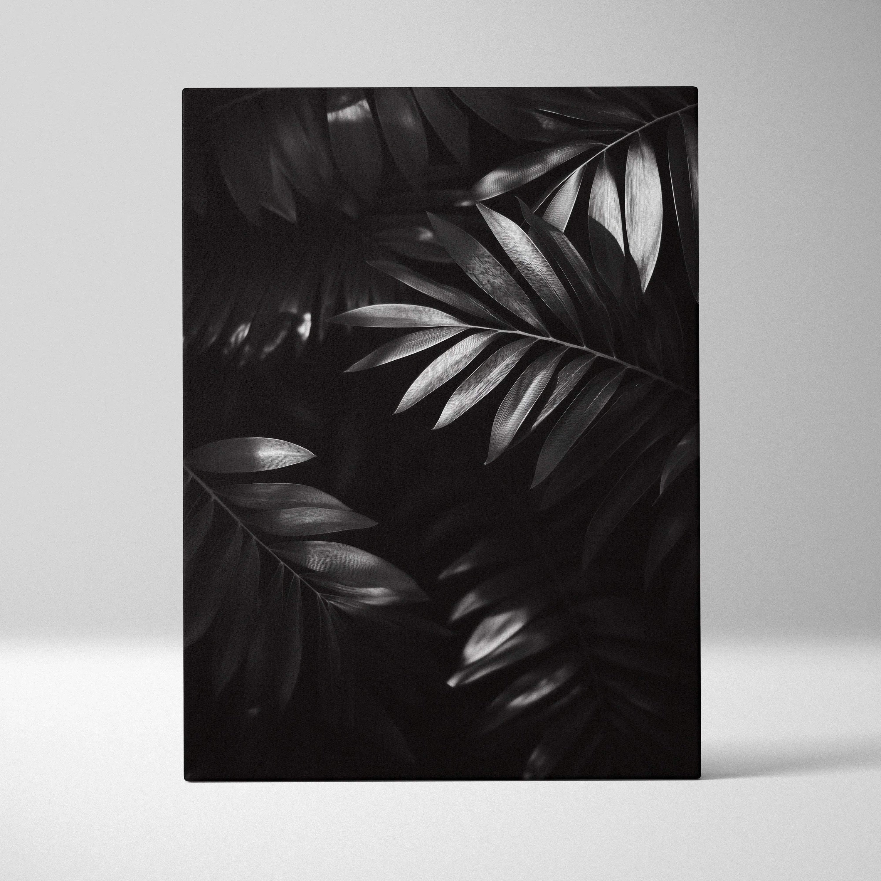 Black and white digital canvas wall art featuring detailed tropical palm leaves with a modern, minimalistic style.