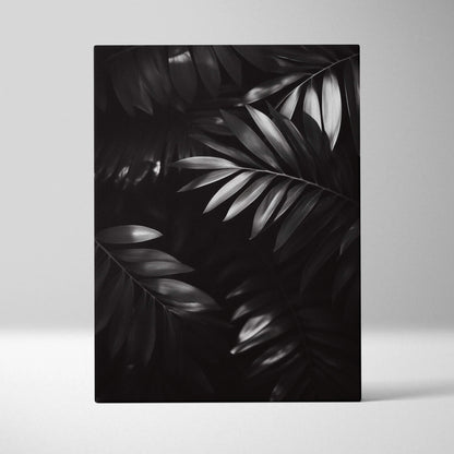 Black and white digital canvas wall art featuring detailed tropical palm leaves with a modern, minimalistic style.