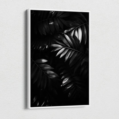 Monochrome black and white digital canvas art featuring layered tropical leaves with a sleek modern frame.