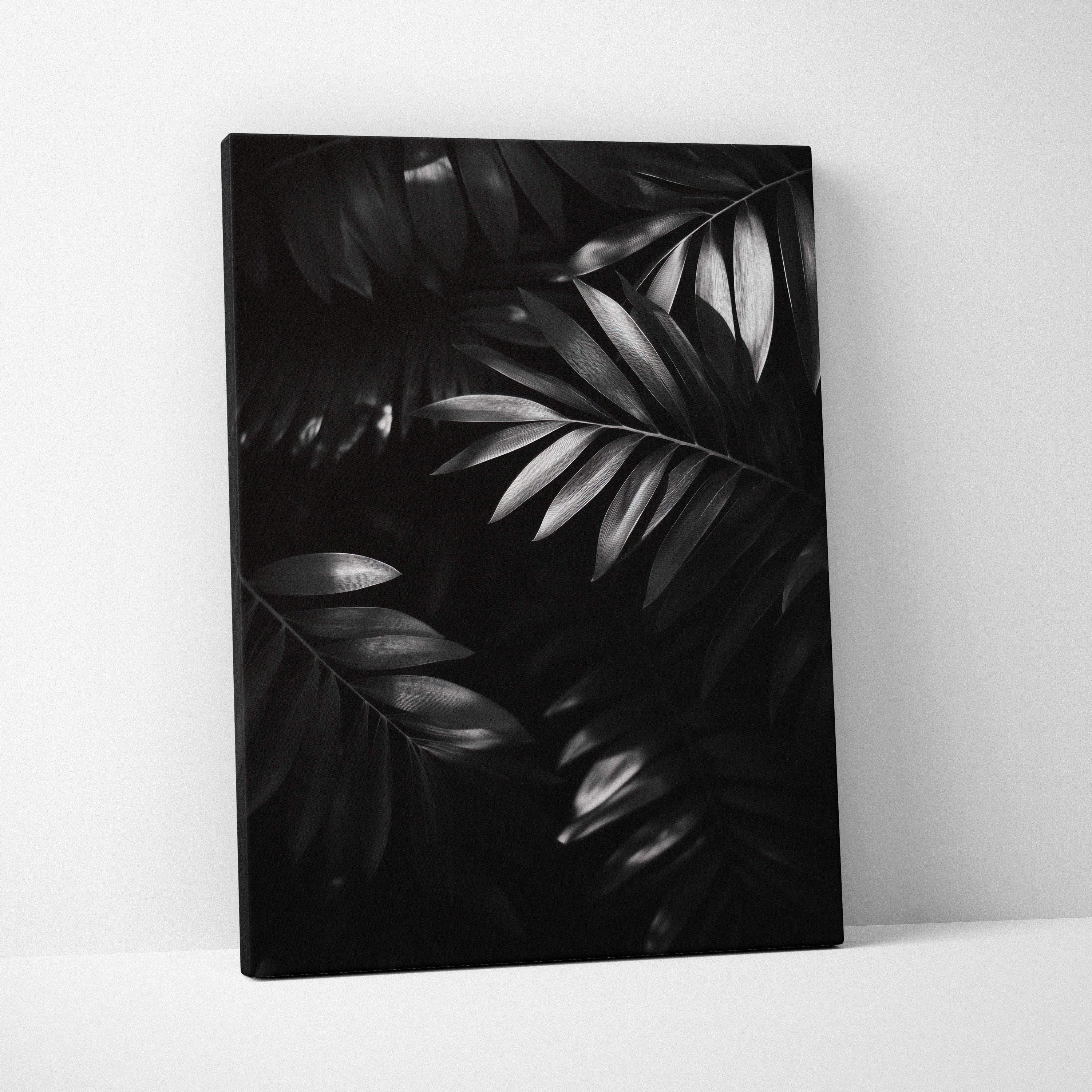 Monochrome digital canvas art print featuring detailed tropical leaves in black and gray tones for modern wall decor.