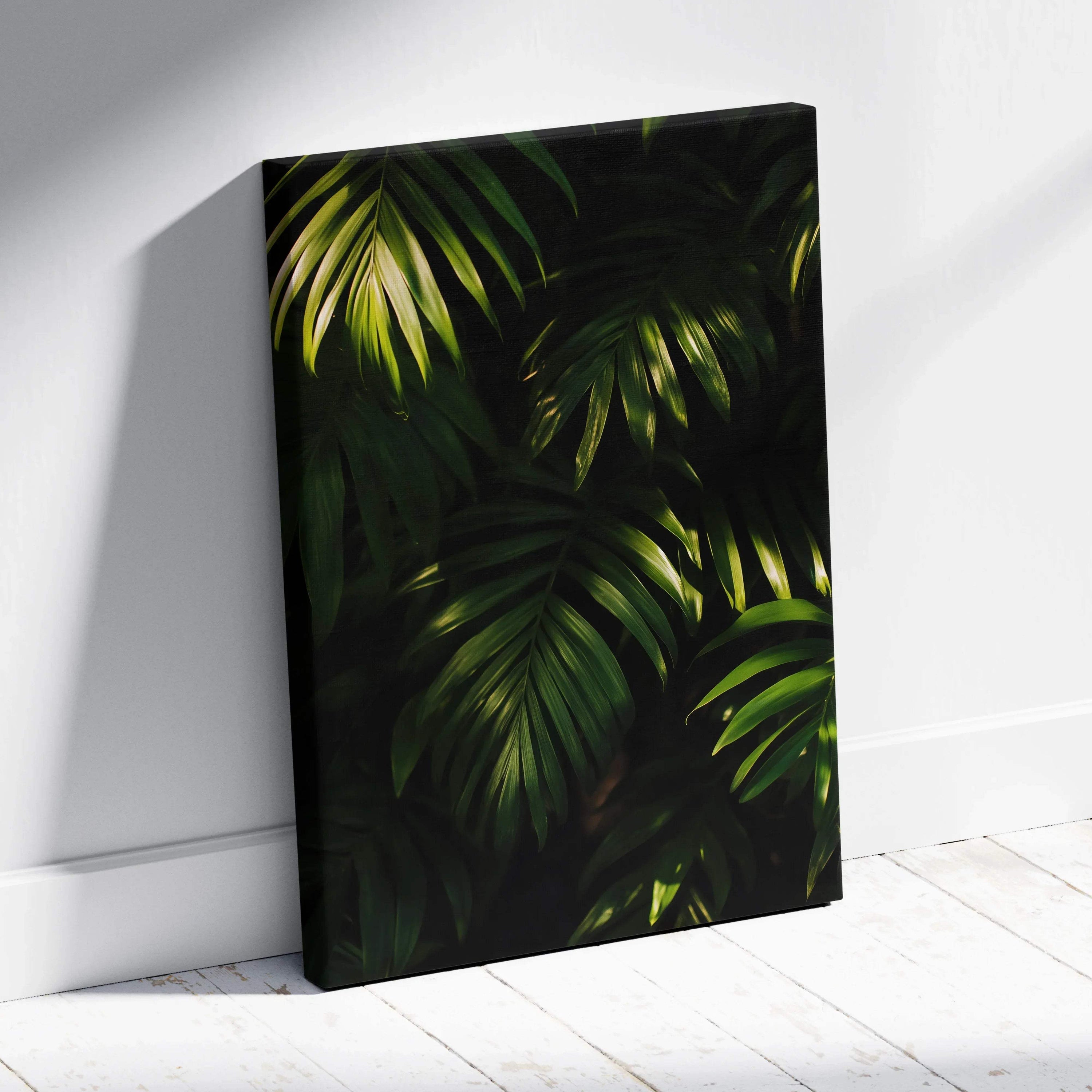 Canvas wall art featuring lush tropical green leaves on a dark background with museum-quality finish.