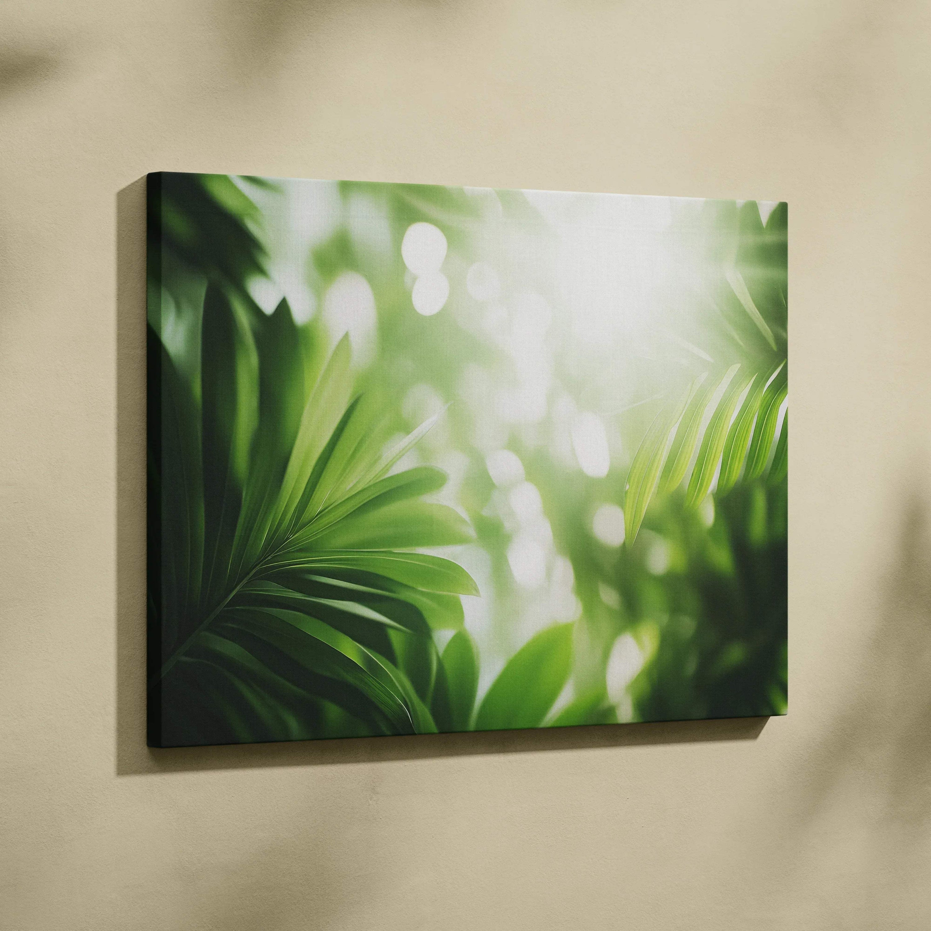 Tropical leaves digital art with sun flare on green canvas wall art decor.
