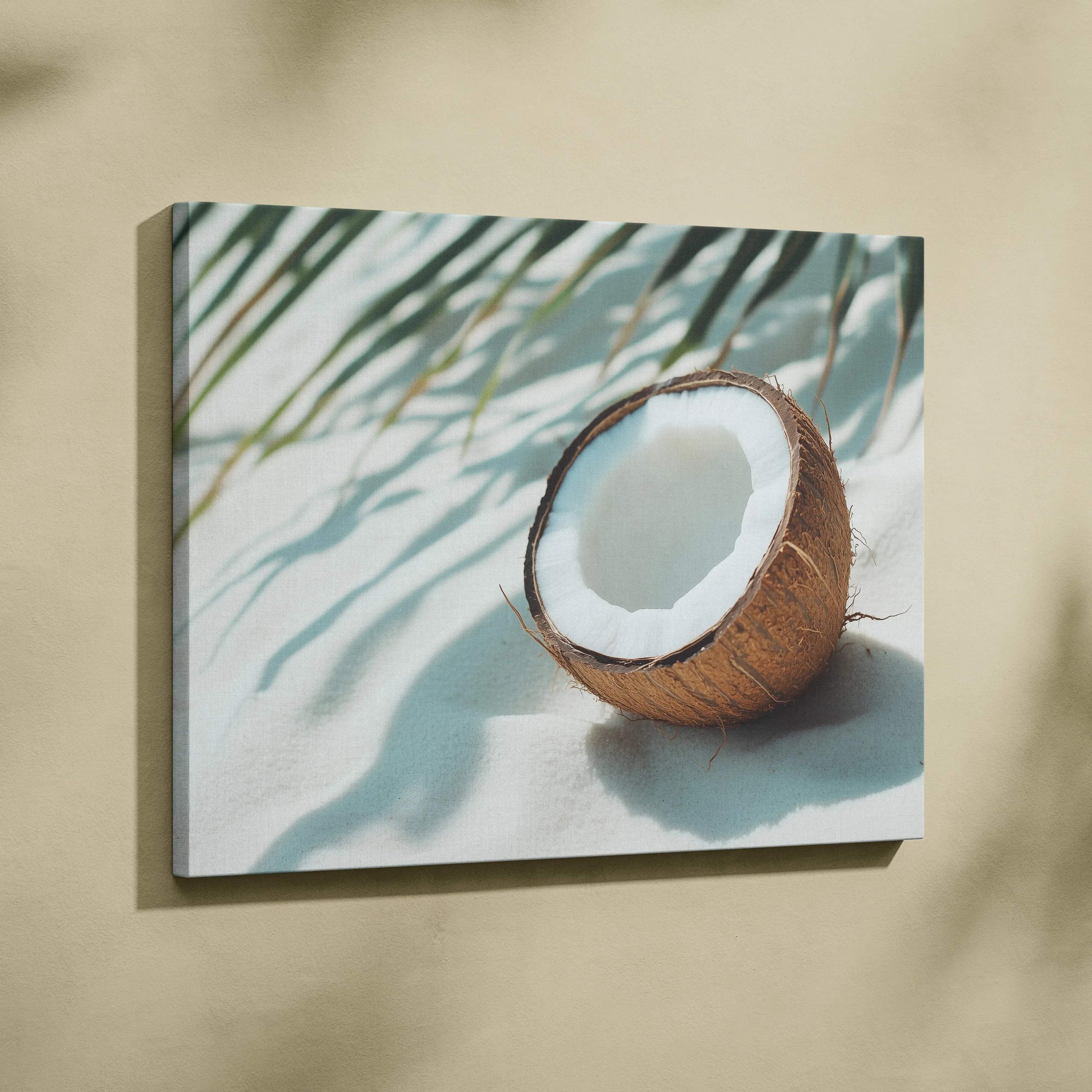 Tropical coconut on sandy beach with palm shadow canvas wall art decor.