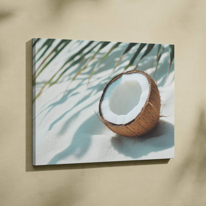 Tropical coconut on sandy beach with palm shadow canvas wall art decor.